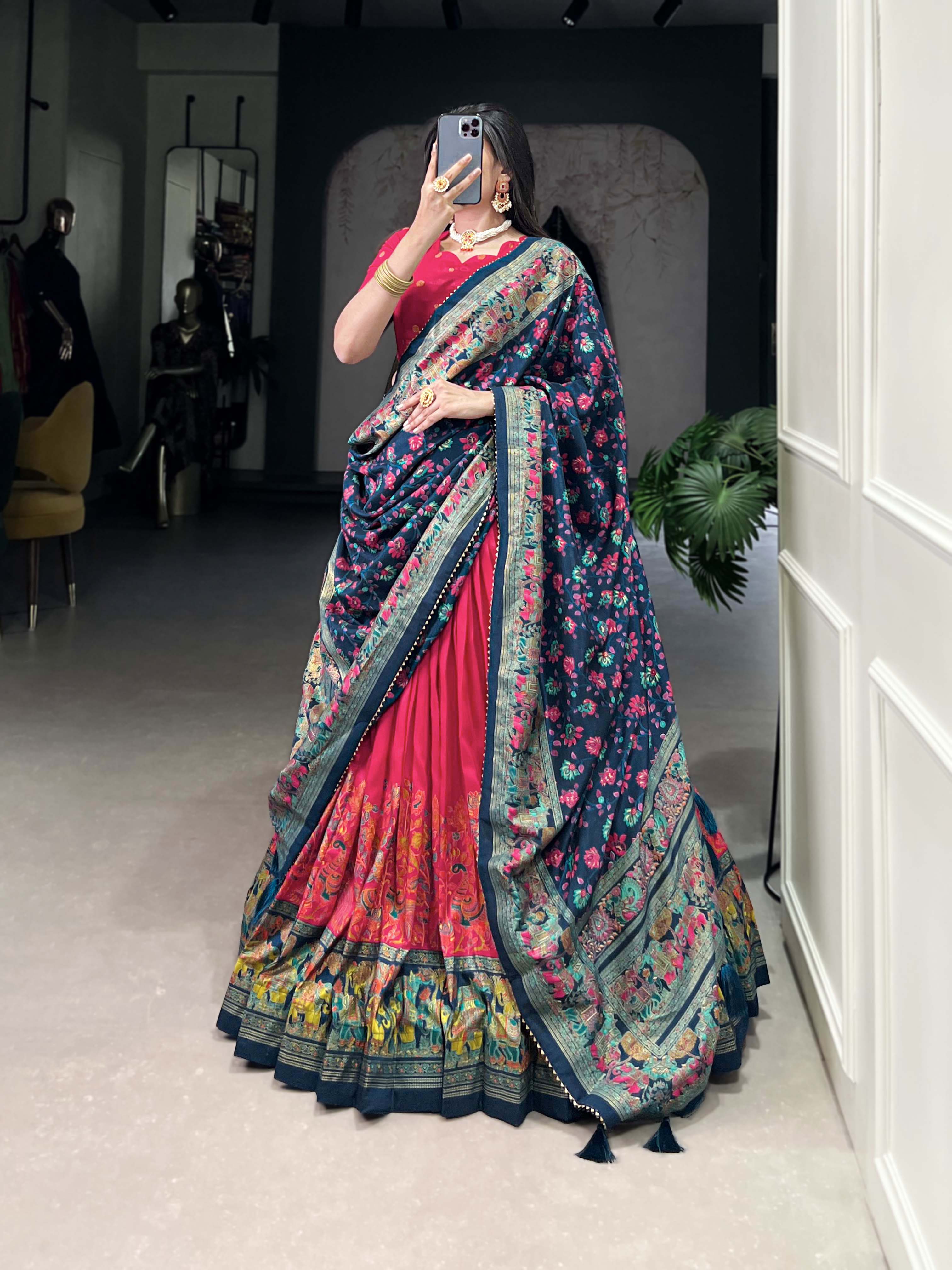 Lorenvalley Pink Tussar Silk Printed With Foil Work Lehenga Choli with Dupatta