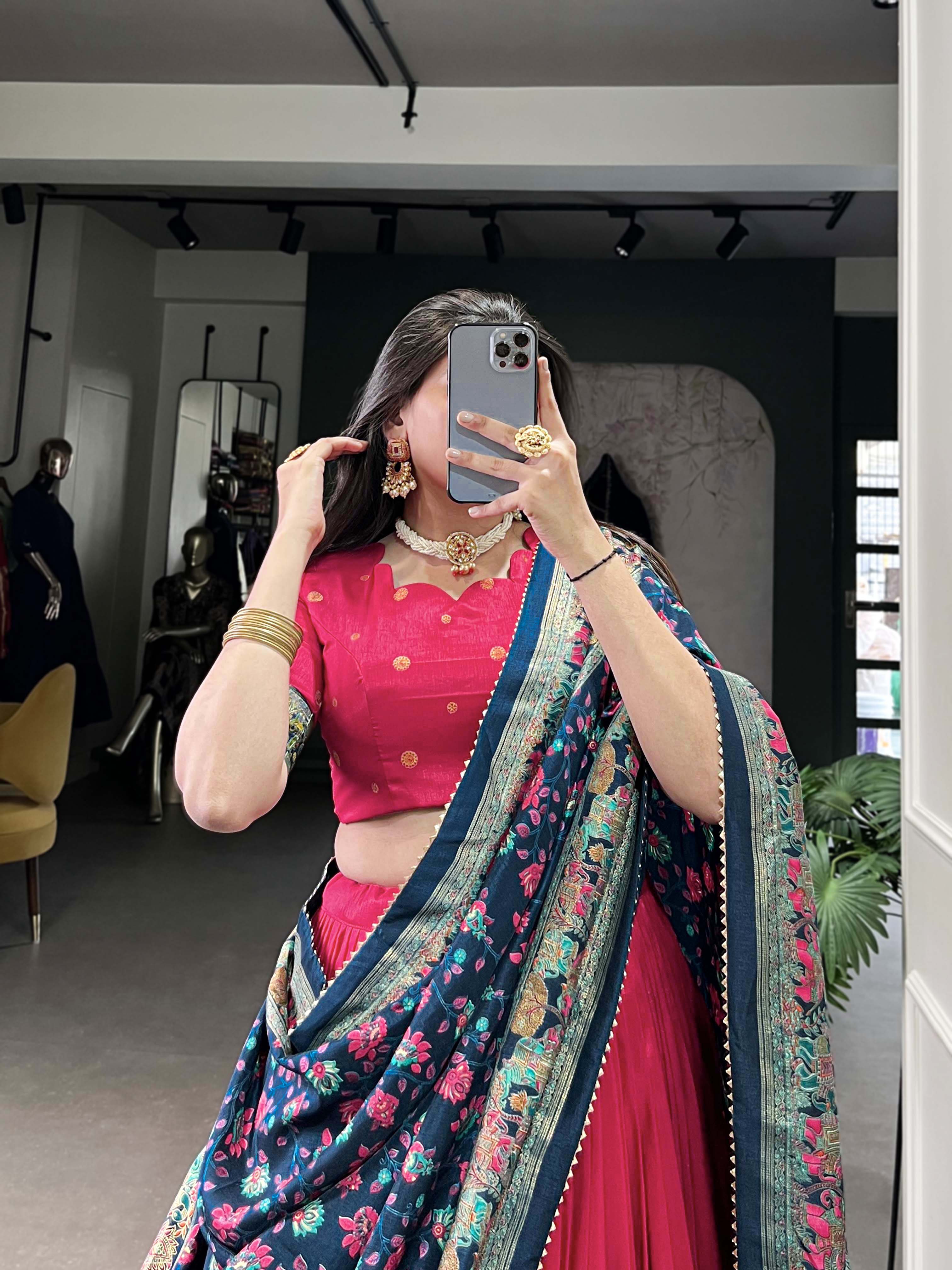 Lorenvalley Pink Tussar Silk Printed With Foil Work Lehenga Choli with Dupatta