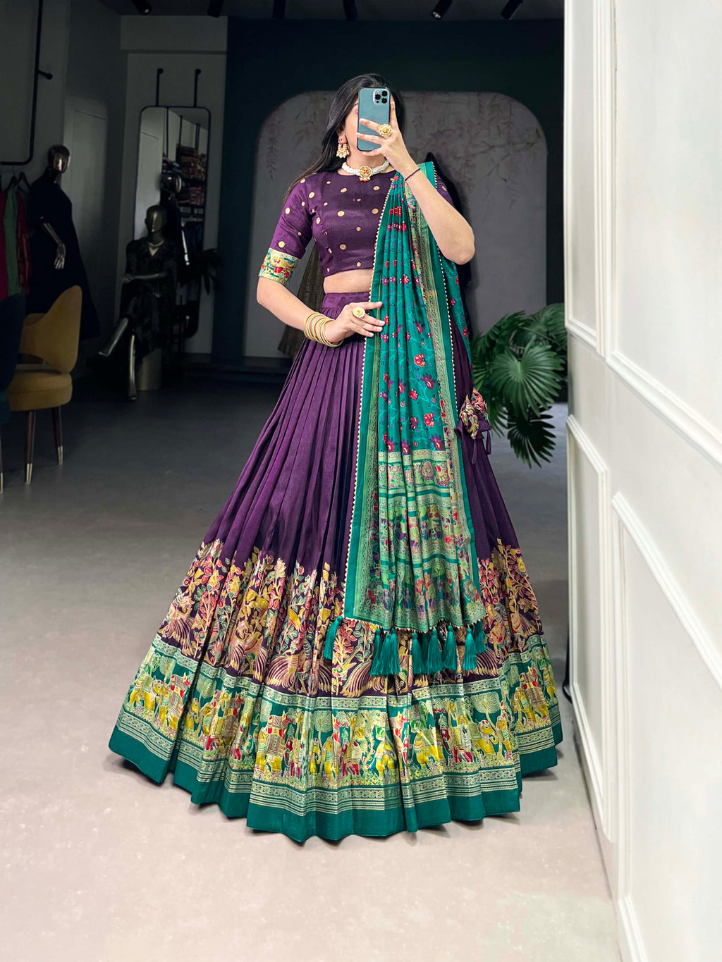 Lorenvalley Purple Tussar Silk Printed With Foil Work Lehenga Choli with Dupatta
