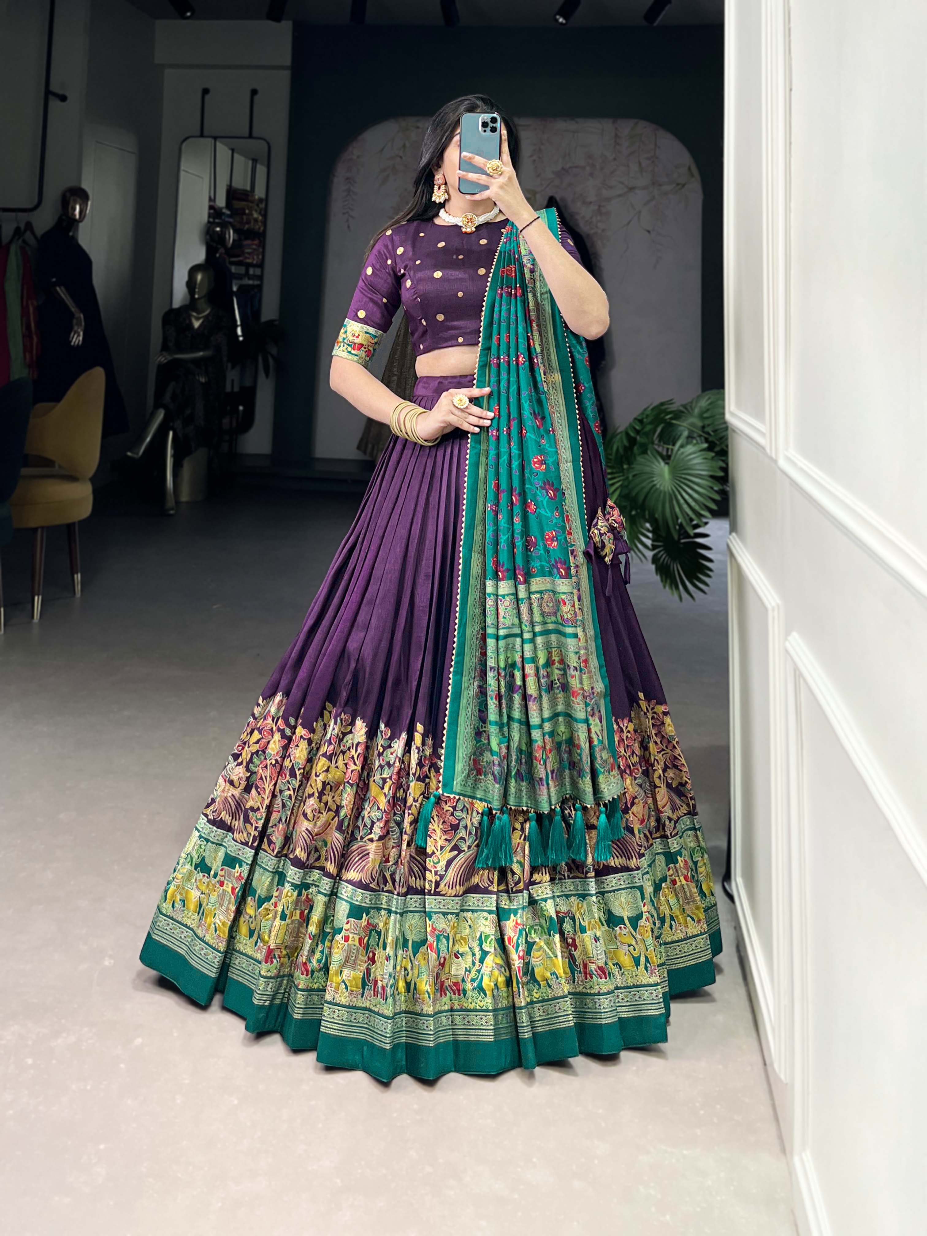 Lorenvalley Purple Tussar Silk Printed With Foil Work Lehenga Choli with Dupatta