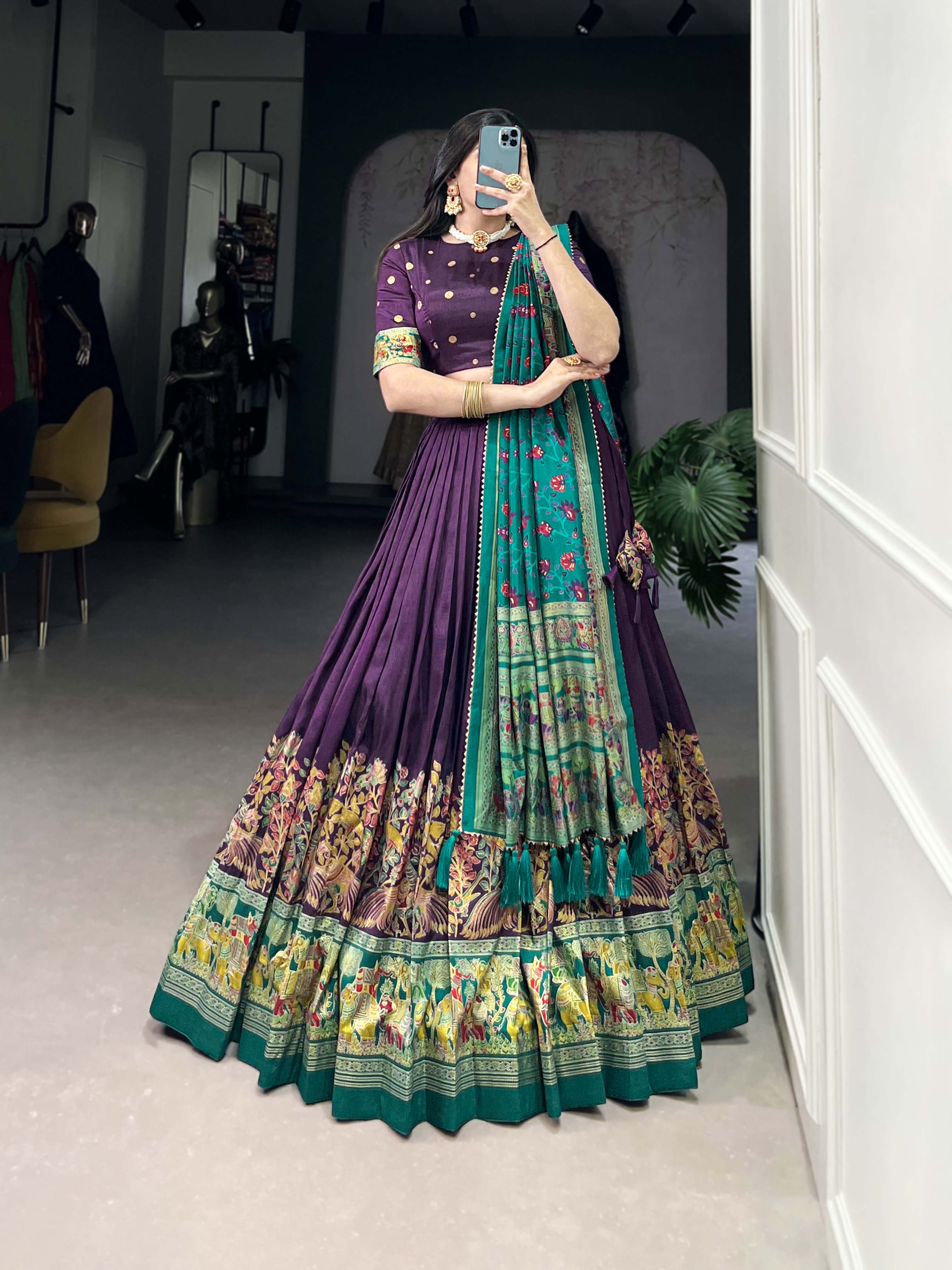 Lorenvalley Purple Tussar Silk Printed With Foil Work Lehenga Choli with Dupatta