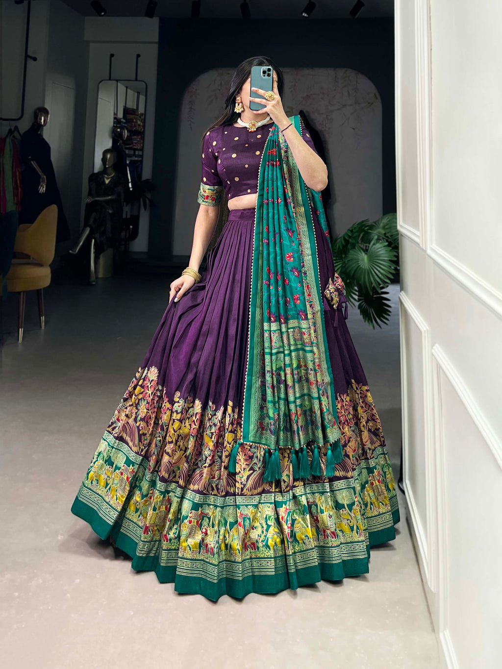Lorenvalley Purple Tussar Silk Printed With Foil Work Lehenga Choli with Dupatta