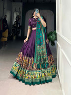 Lorenvalley Purple Tussar Silk Printed With Foil Work Lehenga Choli with Dupatta
