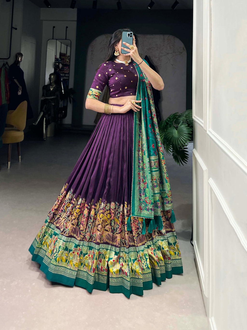 Lorenvalley Purple Tussar Silk Printed With Foil Work Lehenga Choli with Dupatta