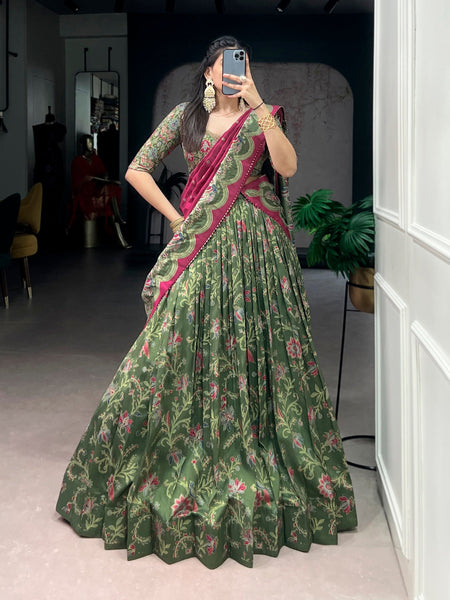 Lorenvalley Fashion Green Tasar Silk Gilded Motif Foil Printed Lehenga Choli with Dupatta