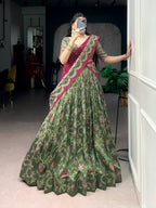 Lorenvalley Fashion Green Tasar Silk Gilded Motif Foil Printed Lehenga Choli with Dupatta - Distacart