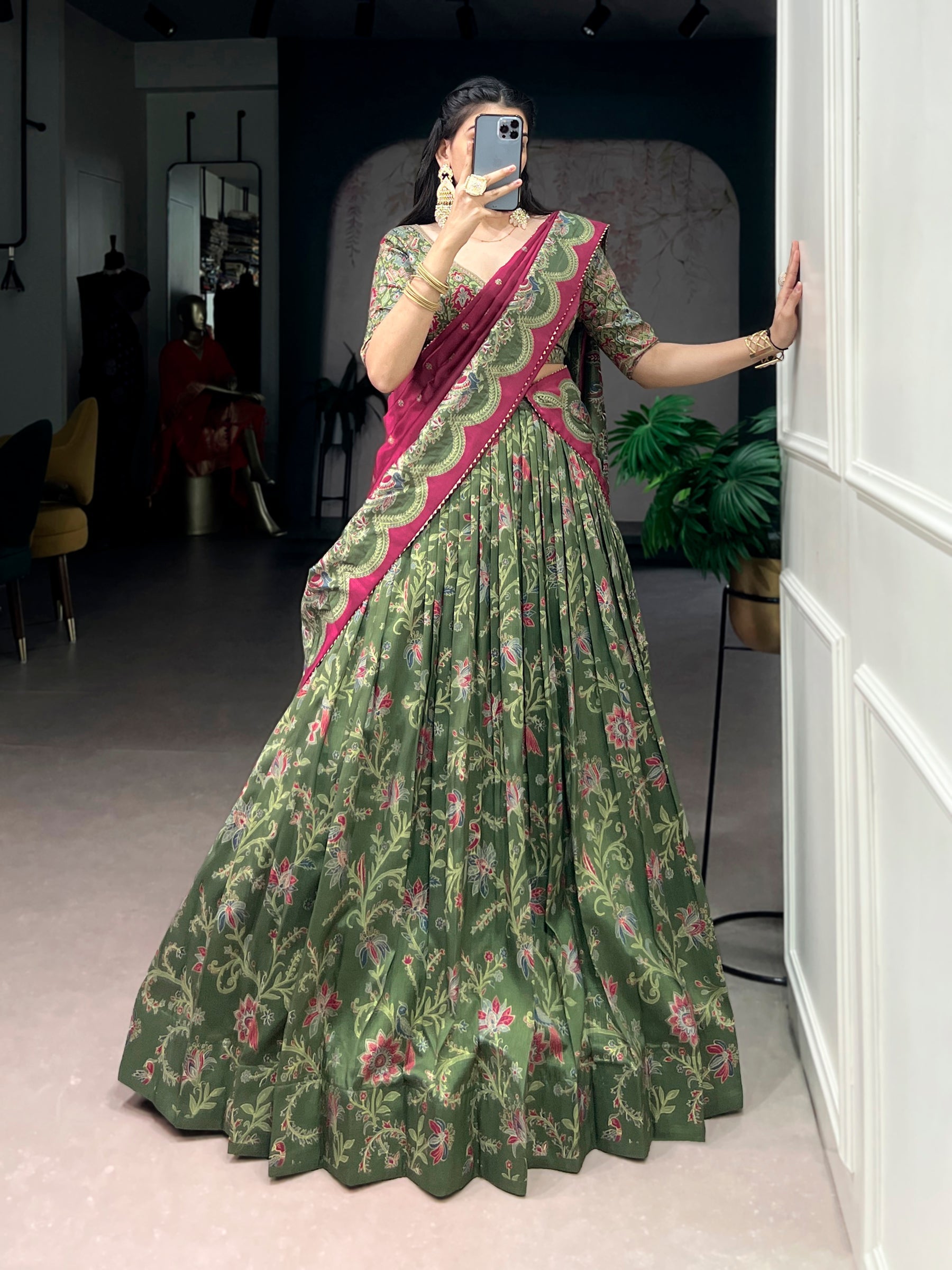 Lorenvalley Fashion Green Tasar Silk Gilded Motif Foil Printed Lehenga Choli with Dupatta - Distacart
