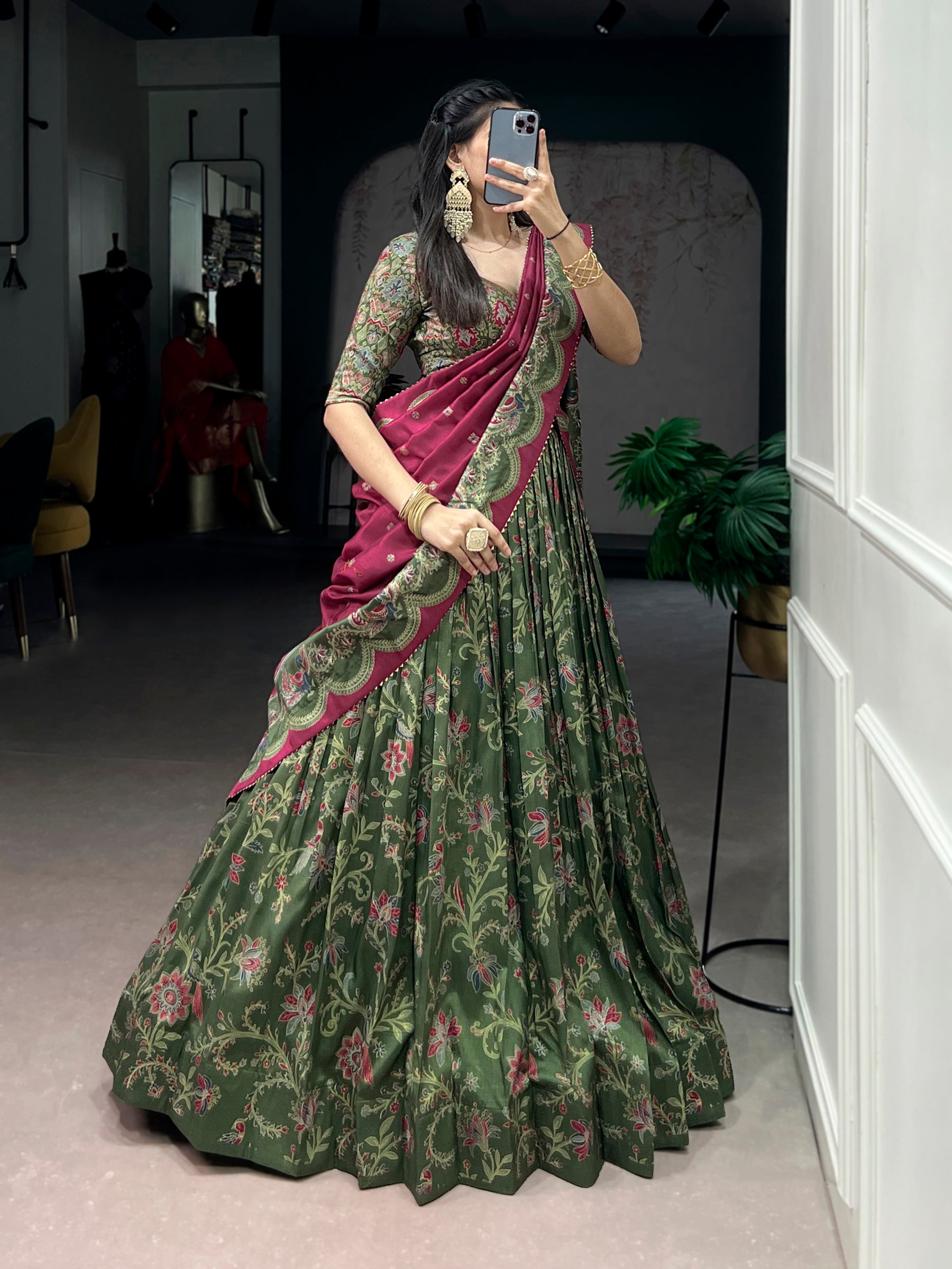 Lorenvalley Fashion Green Tasar Silk Gilded Motif Foil Printed Lehenga Choli with Dupatta - Distacart