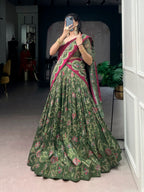 Lorenvalley Fashion Green Tasar Silk Gilded Motif Foil Printed Lehenga Choli with Dupatta - Distacart