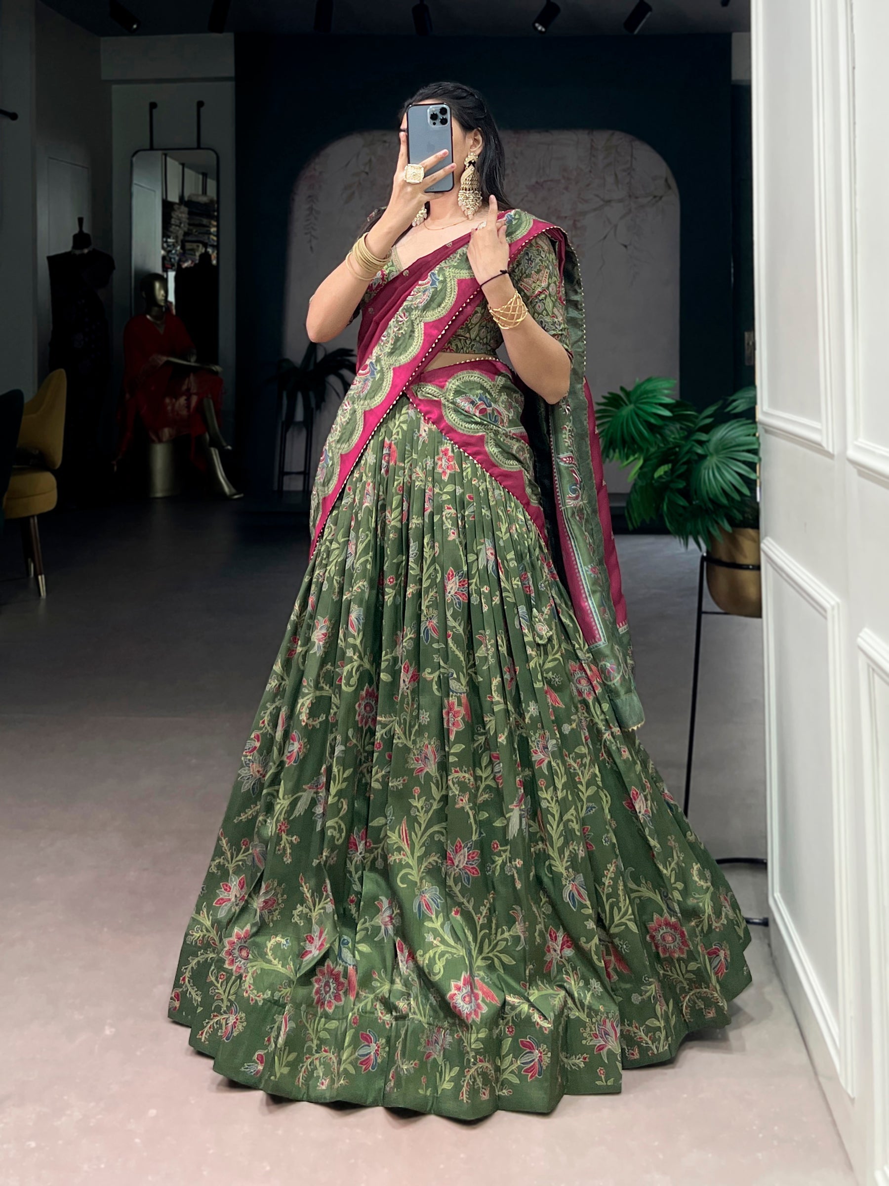 Lorenvalley Fashion Green Tasar Silk Gilded Motif Foil Printed Lehenga Choli with Dupatta - Distacart