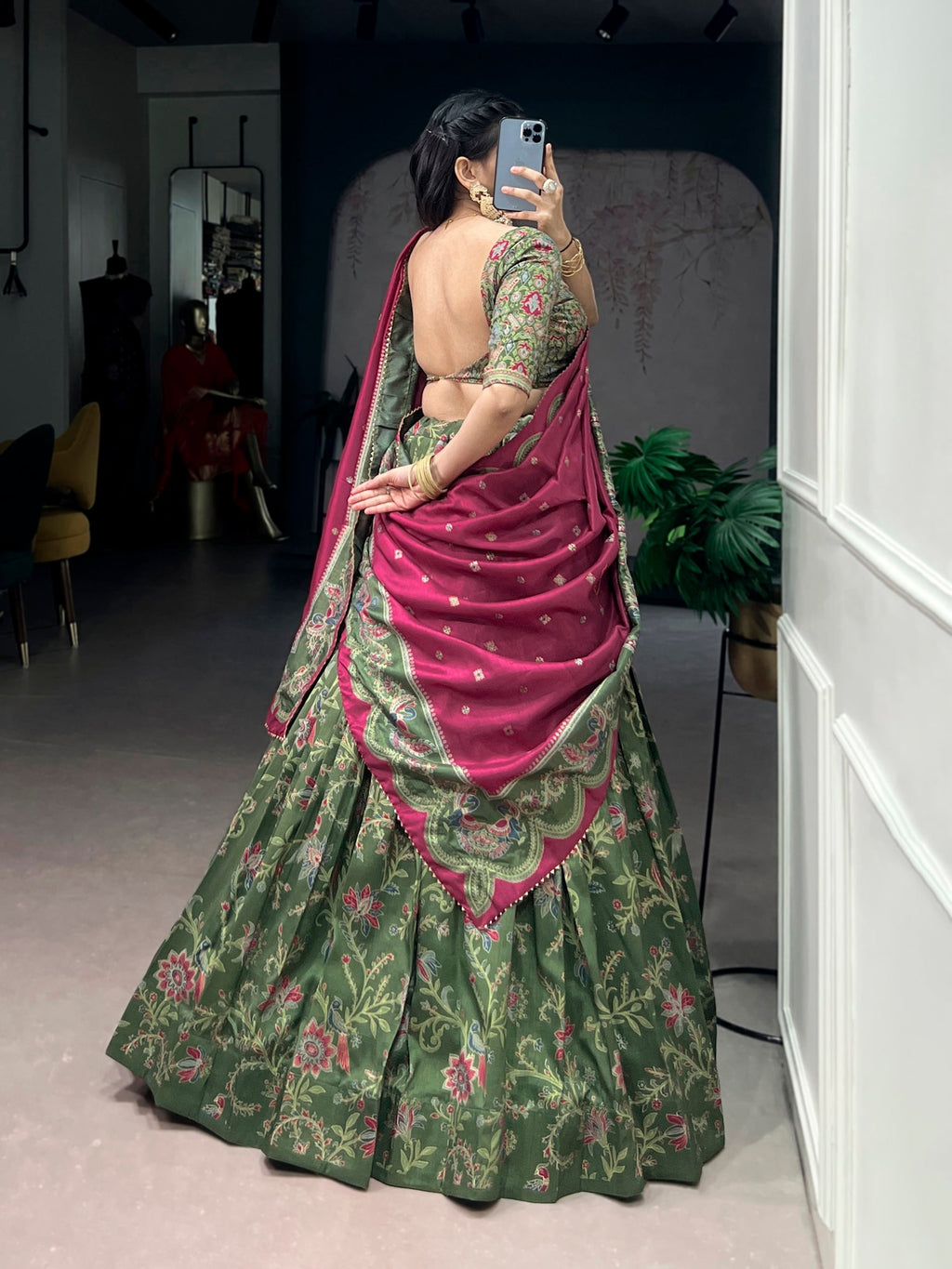 Lorenvalley Fashion Green Tasar Silk Gilded Motif Foil Printed Lehenga Choli with Dupatta - Distacart