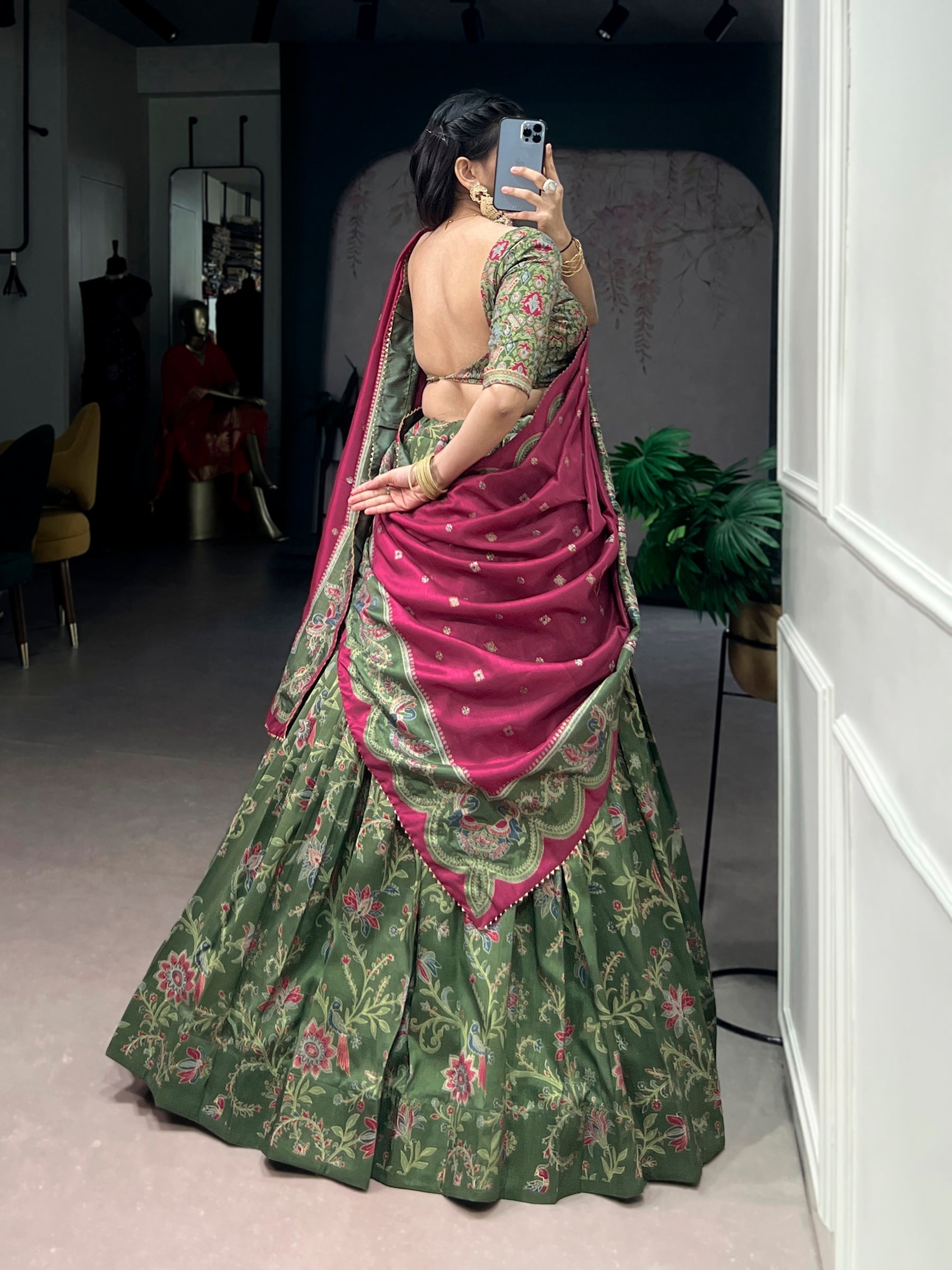 Lorenvalley Fashion Green Tasar Silk Gilded Motif Foil Printed Lehenga Choli with Dupatta - Distacart