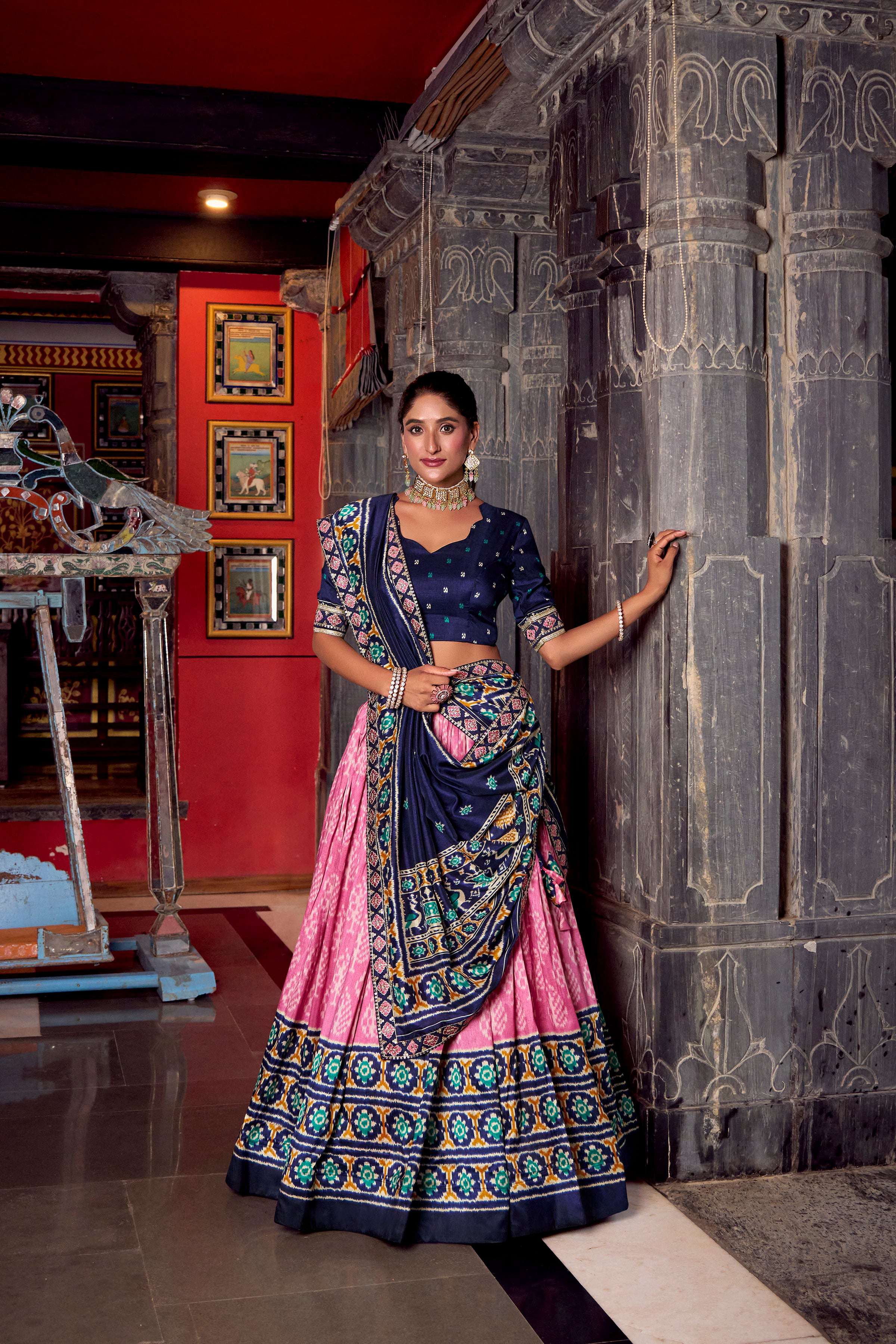 Lorenvalley Fashion Pink Tasar Silk Ikkat Print Lehenga Choli with Dupatta