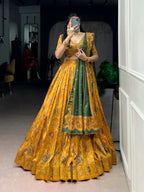 Lorenvalley Fashion Mustard Tasar Silk Gilded Motif Foil Printed Lehenga Choli with Dupatta - Distacart