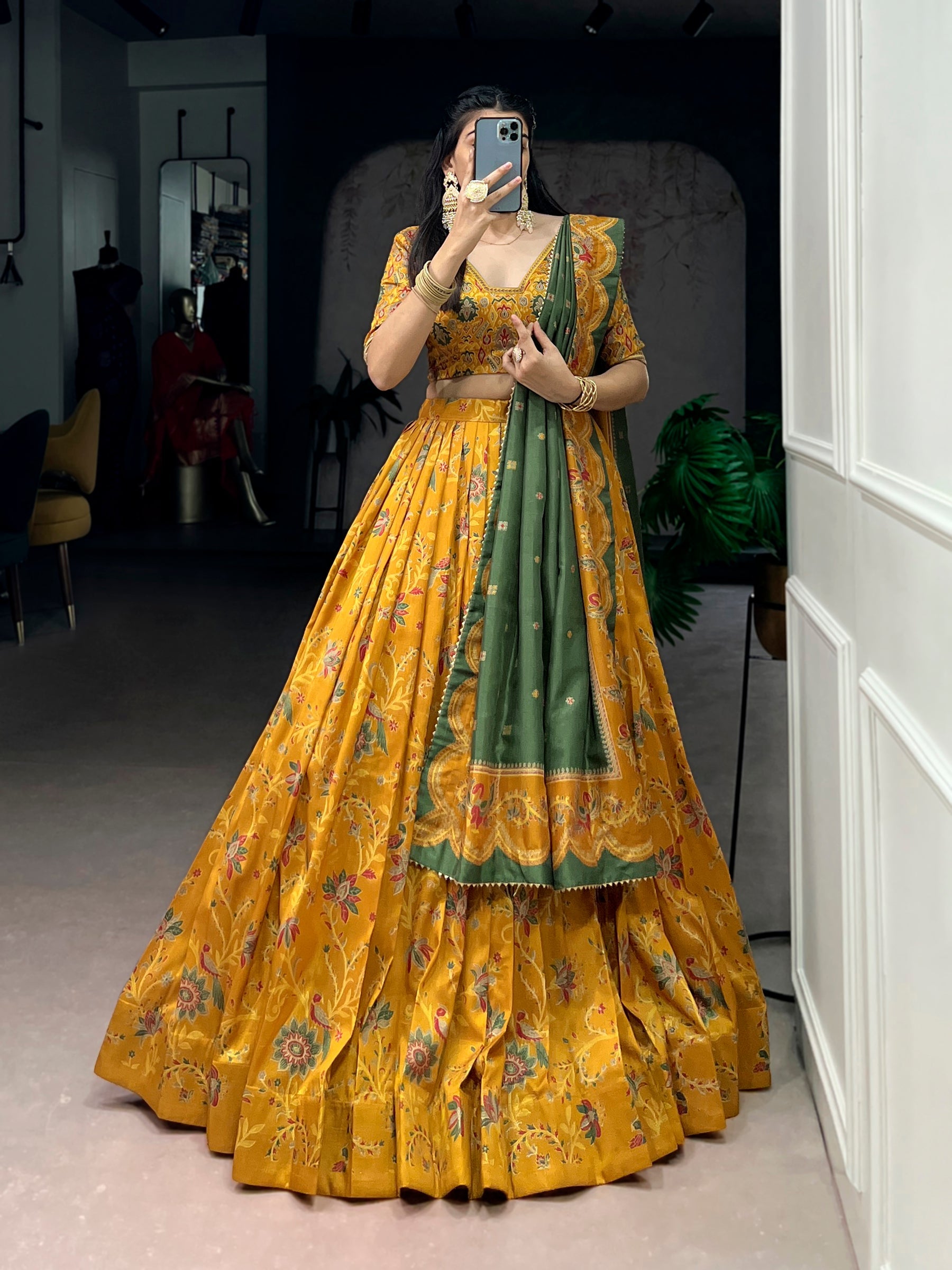 Lorenvalley Fashion Mustard Tasar Silk Gilded Motif Foil Printed Lehenga Choli with Dupatta - Distacart