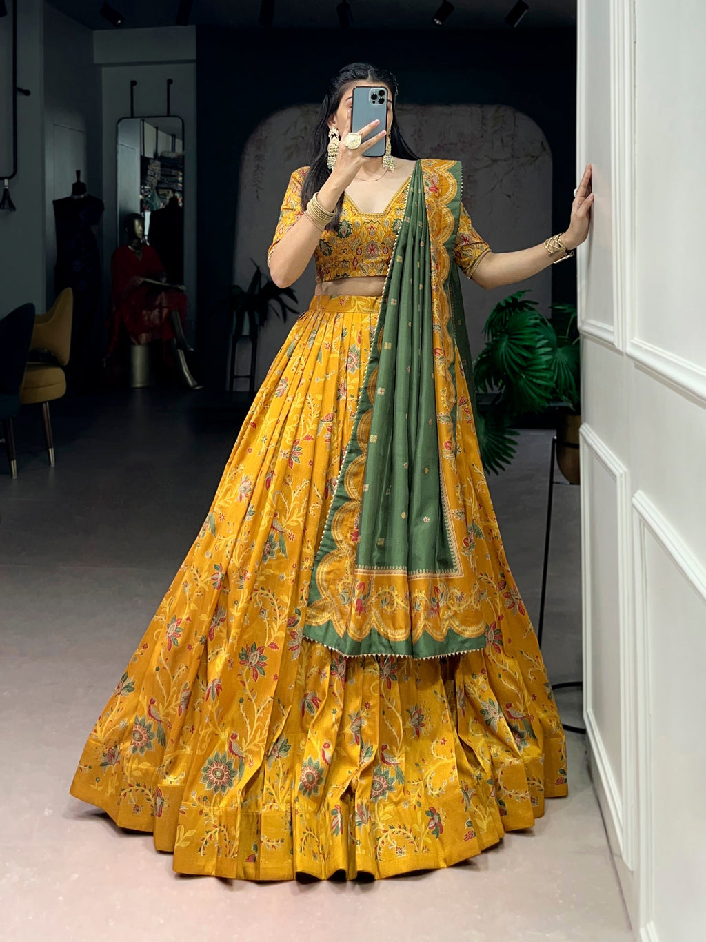 Lorenvalley Fashion Mustard Tasar Silk Gilded Motif Foil Printed Lehenga Choli with Dupatta - Distacart