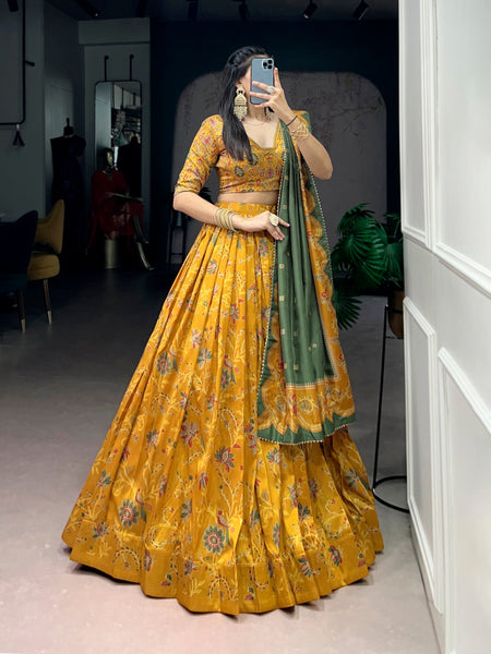 Lorenvalley Fashion Mustard Tasar Silk Gilded Motif Foil Printed Lehenga Choli with Dupatta