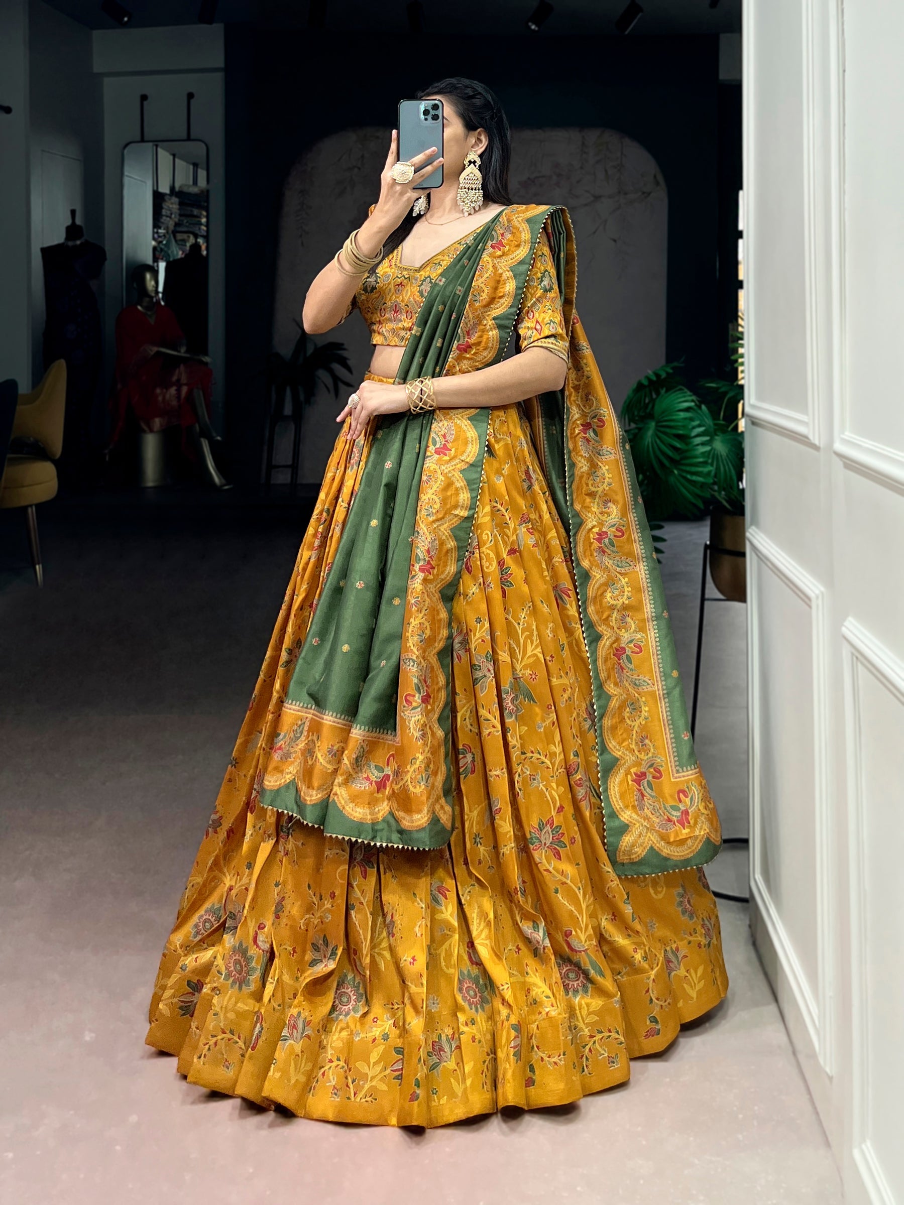 Lorenvalley Fashion Mustard Tasar Silk Gilded Motif Foil Printed Lehenga Choli with Dupatta - Distacart