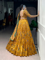 Lorenvalley Fashion Mustard Tasar Silk Gilded Motif Foil Printed Lehenga Choli with Dupatta - Distacart