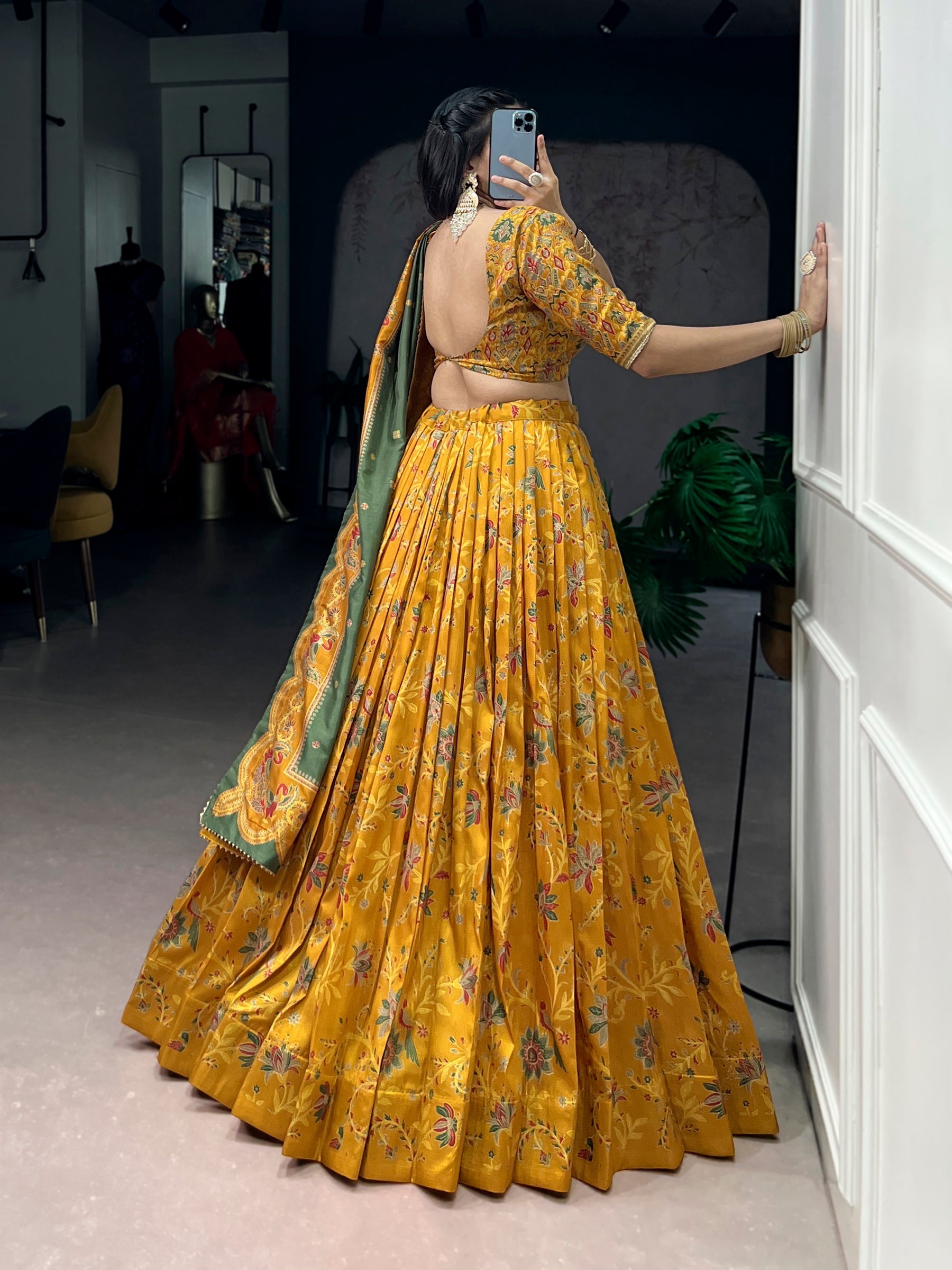 Lorenvalley Fashion Mustard Tasar Silk Gilded Motif Foil Printed Lehenga Choli with Dupatta - Distacart