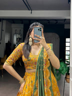 Lorenvalley Fashion Mustard Tasar Silk Gilded Motif Foil Printed Lehenga Choli with Dupatta - Distacart