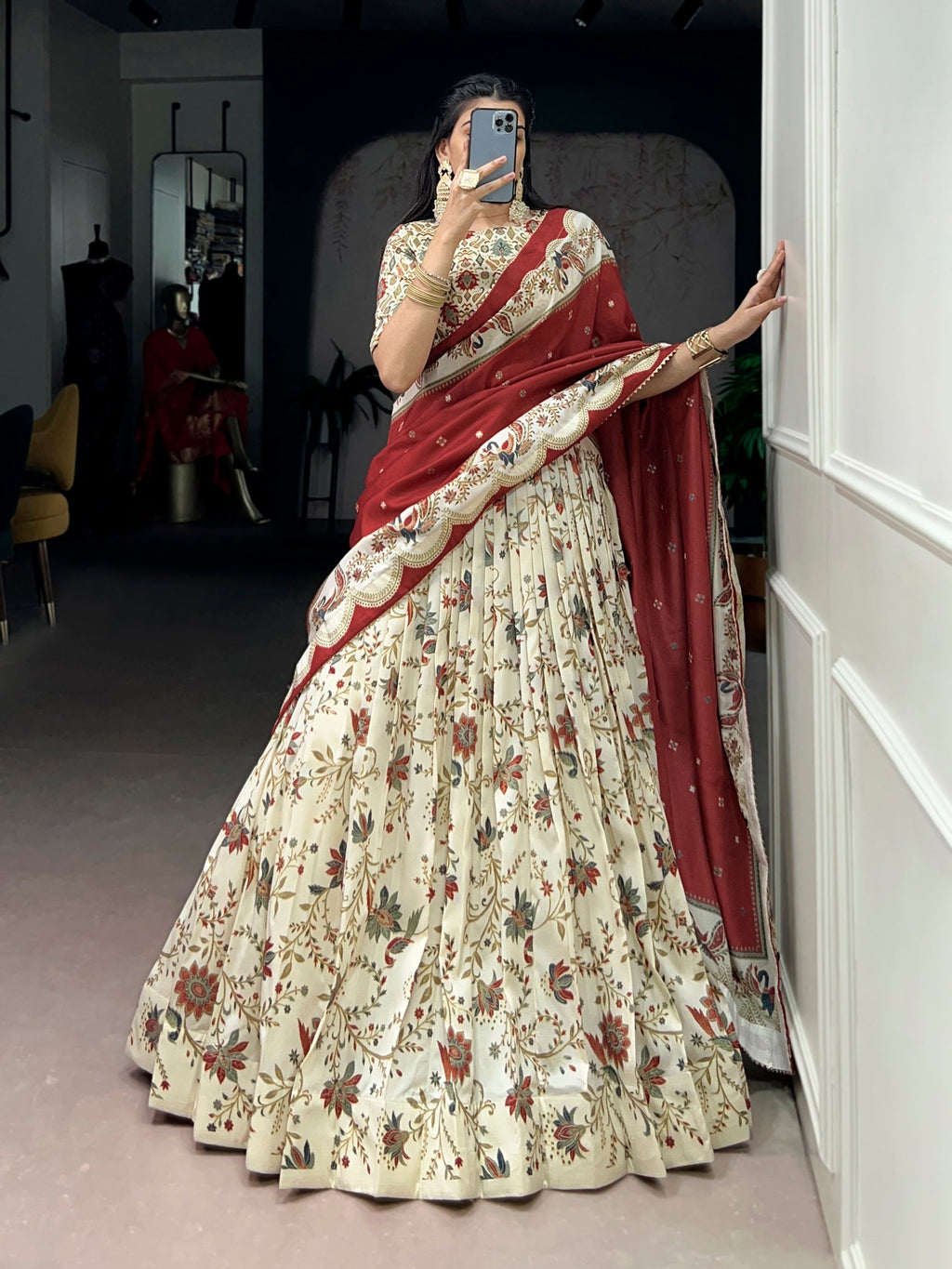 Lorenvalley Fashion Offwhite Tasar Silk Gilded Motif Foil Printed Lehenga Choli with Dupatta - Distacart