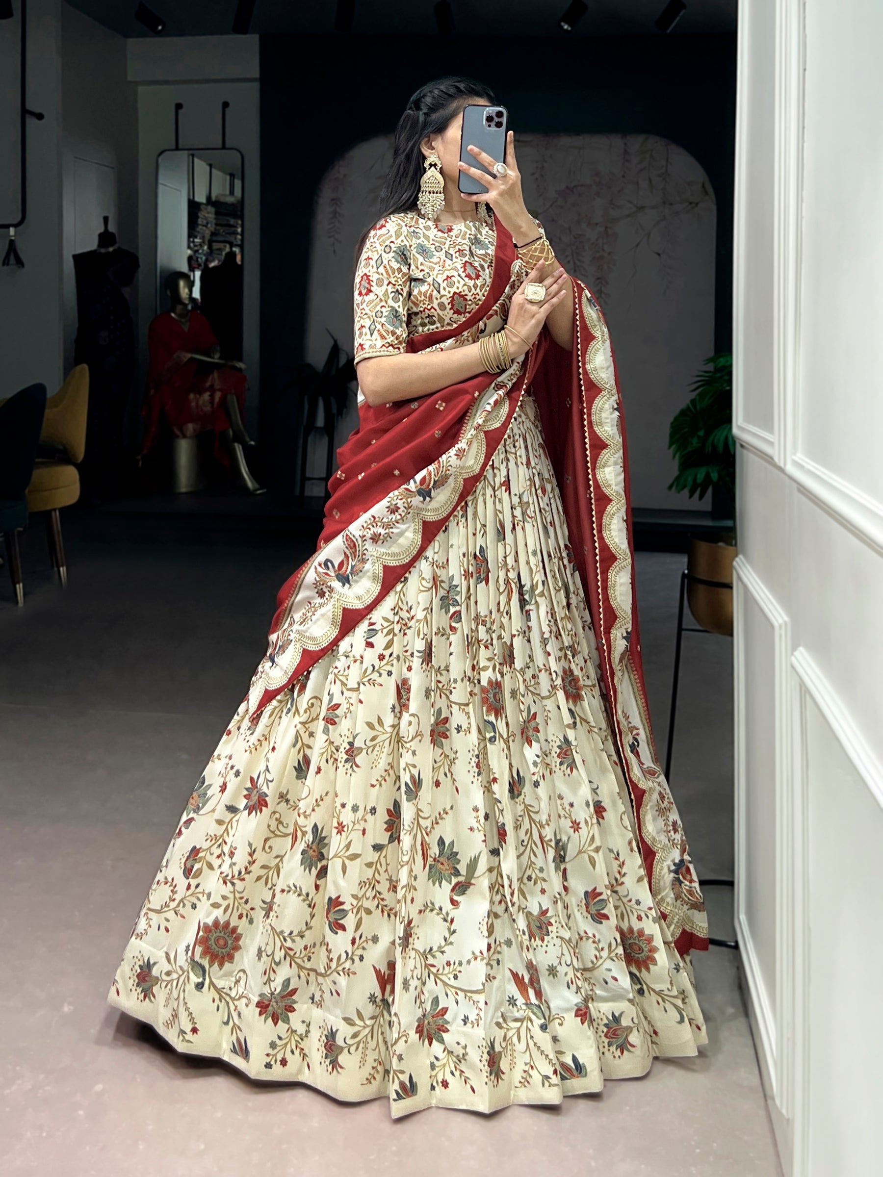 Lorenvalley Fashion Offwhite Tasar Silk Gilded Motif Foil Printed Lehenga Choli with Dupatta - Distacart