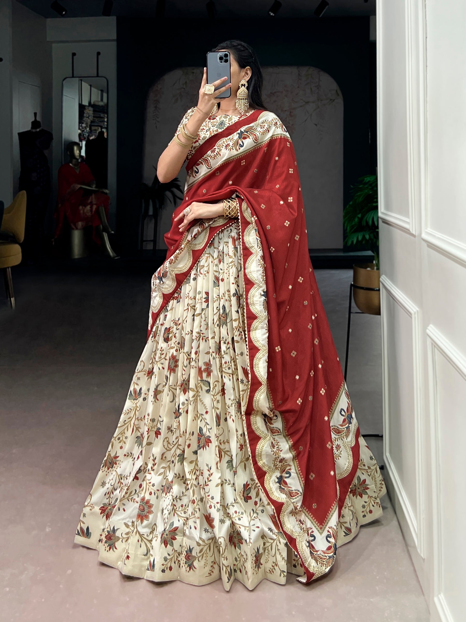 Lorenvalley Fashion Offwhite Tasar Silk Gilded Motif Foil Printed Lehenga Choli with Dupatta - Distacart