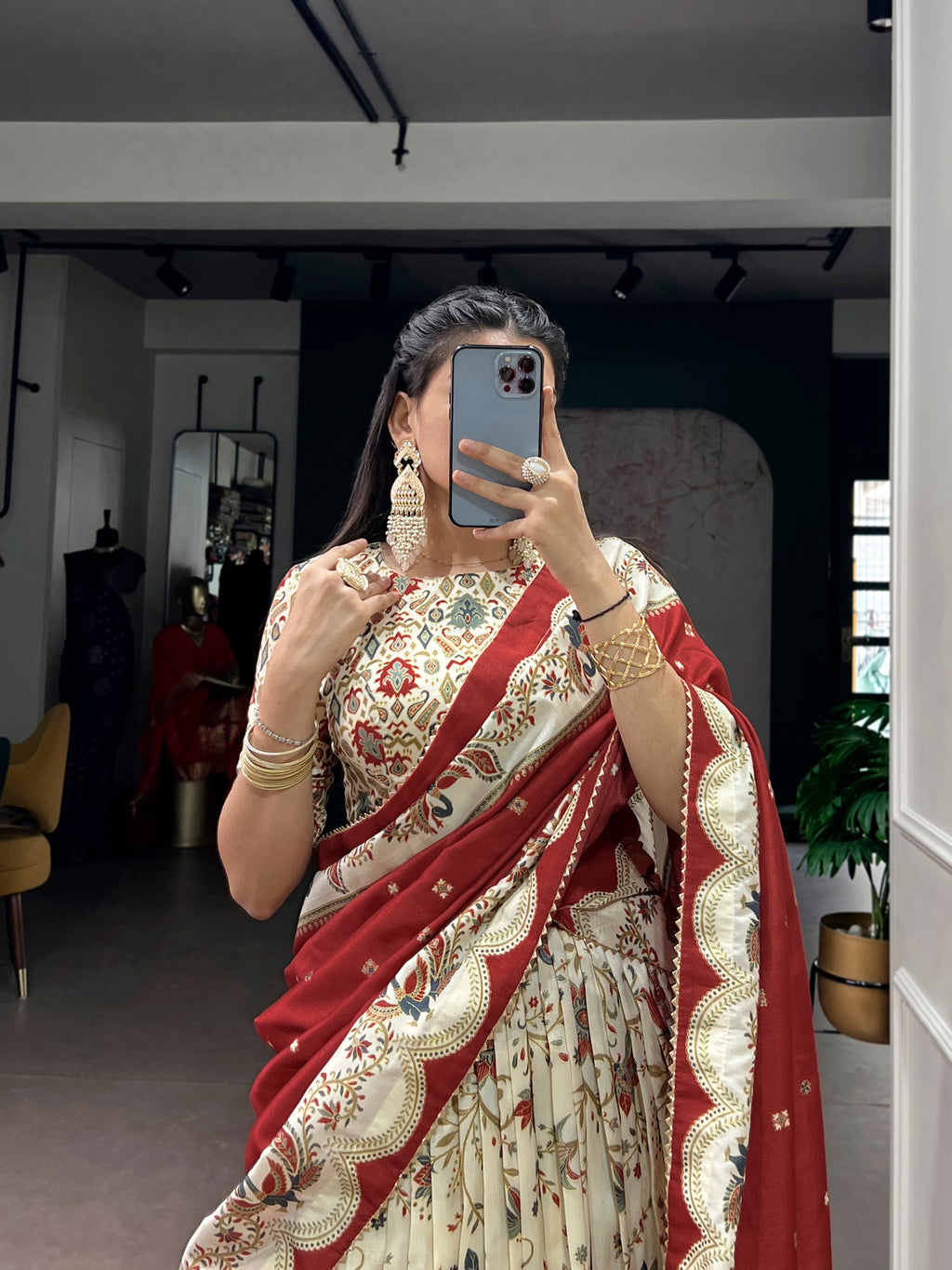 Lorenvalley Fashion Offwhite Tasar Silk Gilded Motif Foil Printed Lehenga Choli with Dupatta - Distacart