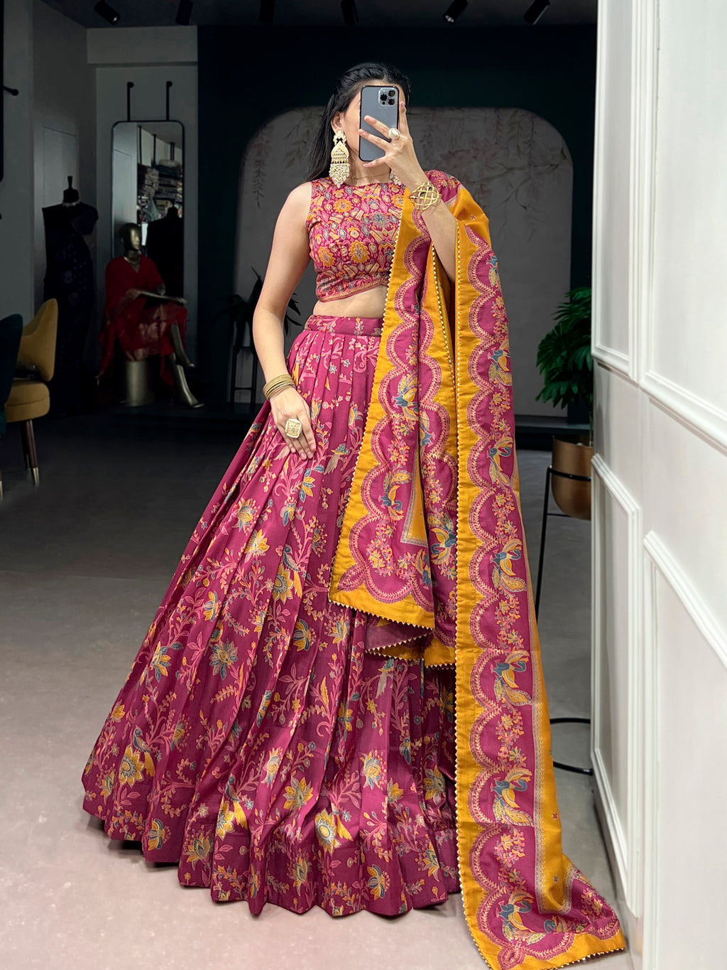 Lorenvalley Fashion Pink Tasar Silk Gilded Motif Foil Printed Lehenga Choli with Dupatta - Distacart
