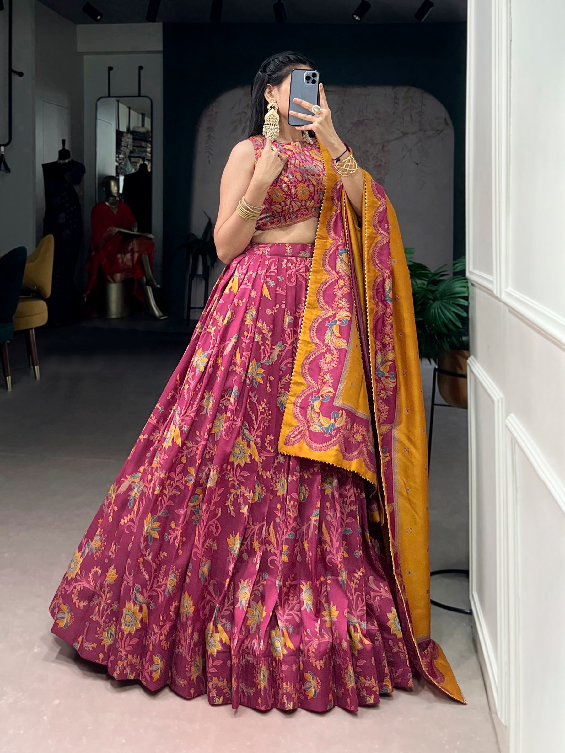 Lorenvalley Fashion Pink Tasar Silk Gilded Motif Foil Printed Lehenga Choli with Dupatta - Distacart