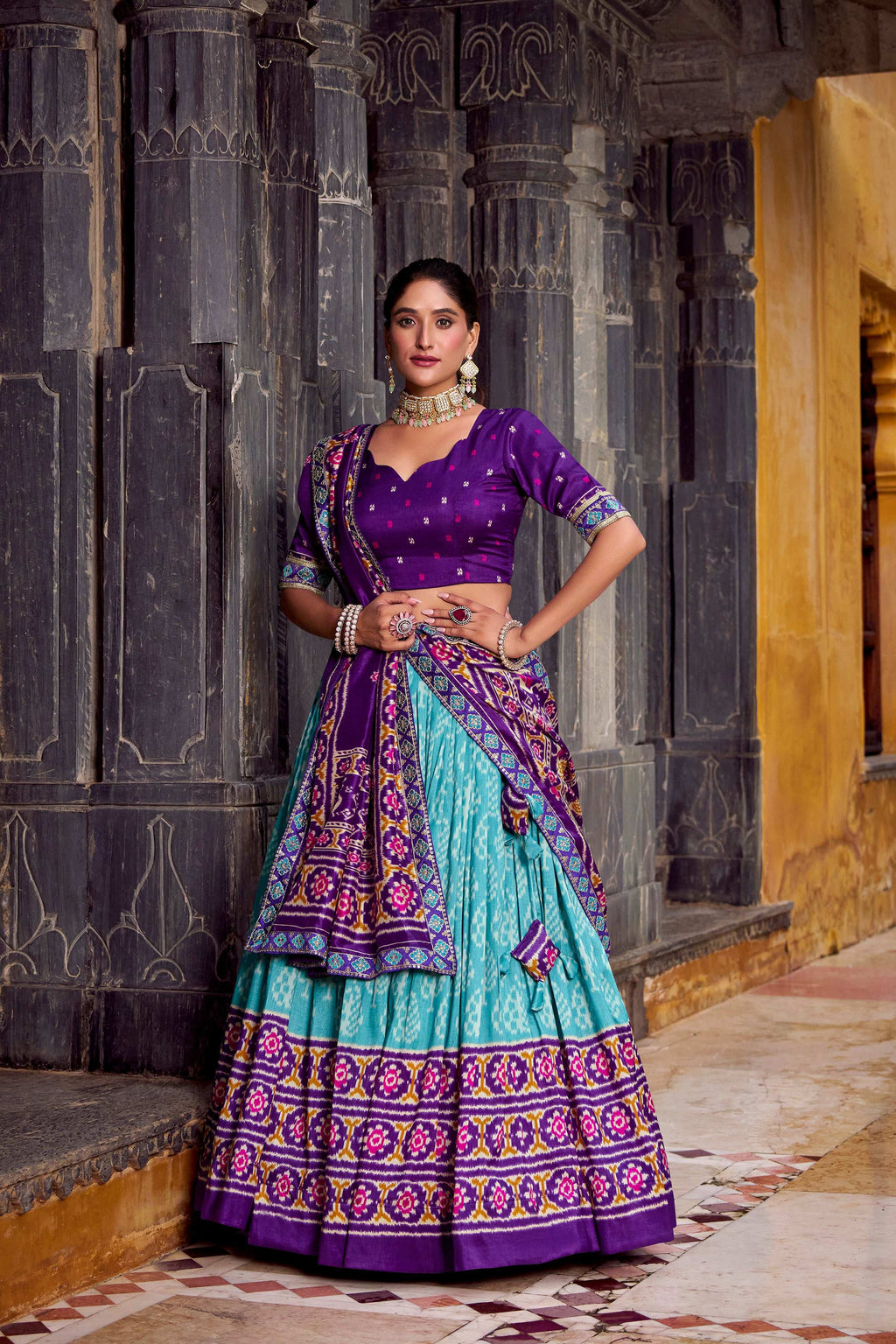 Lorenvalley Fashion Skyblue Tasar Silk Ikkat Print Lehenga Choli with Dupatta