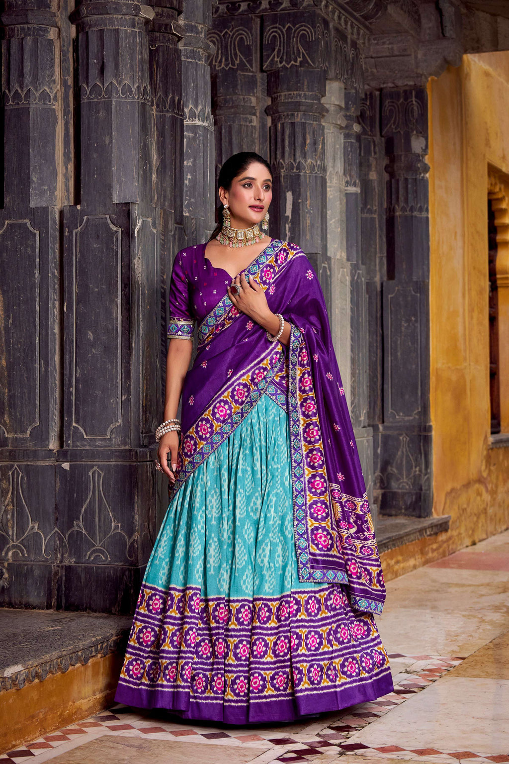 Lorenvalley Fashion Skyblue Tasar Silk Ikkat Print Lehenga Choli with Dupatta