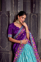 Lorenvalley Fashion Skyblue Tasar Silk Ikkat Print Lehenga Choli with Dupatta