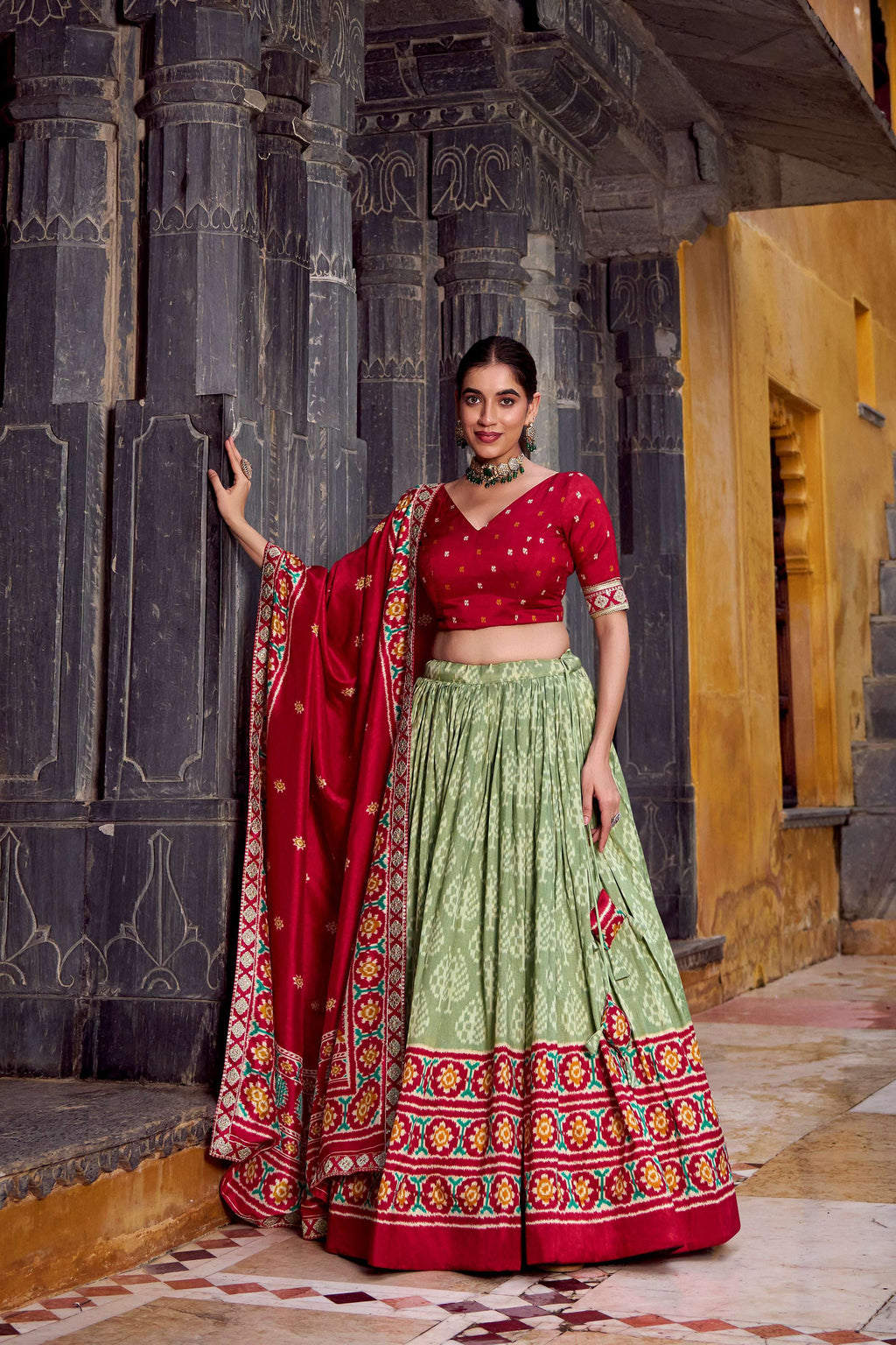 Lorenvalley Fashion Seagreen Tasar Silk Ikkat Print Lehenga Choli with Dupatta