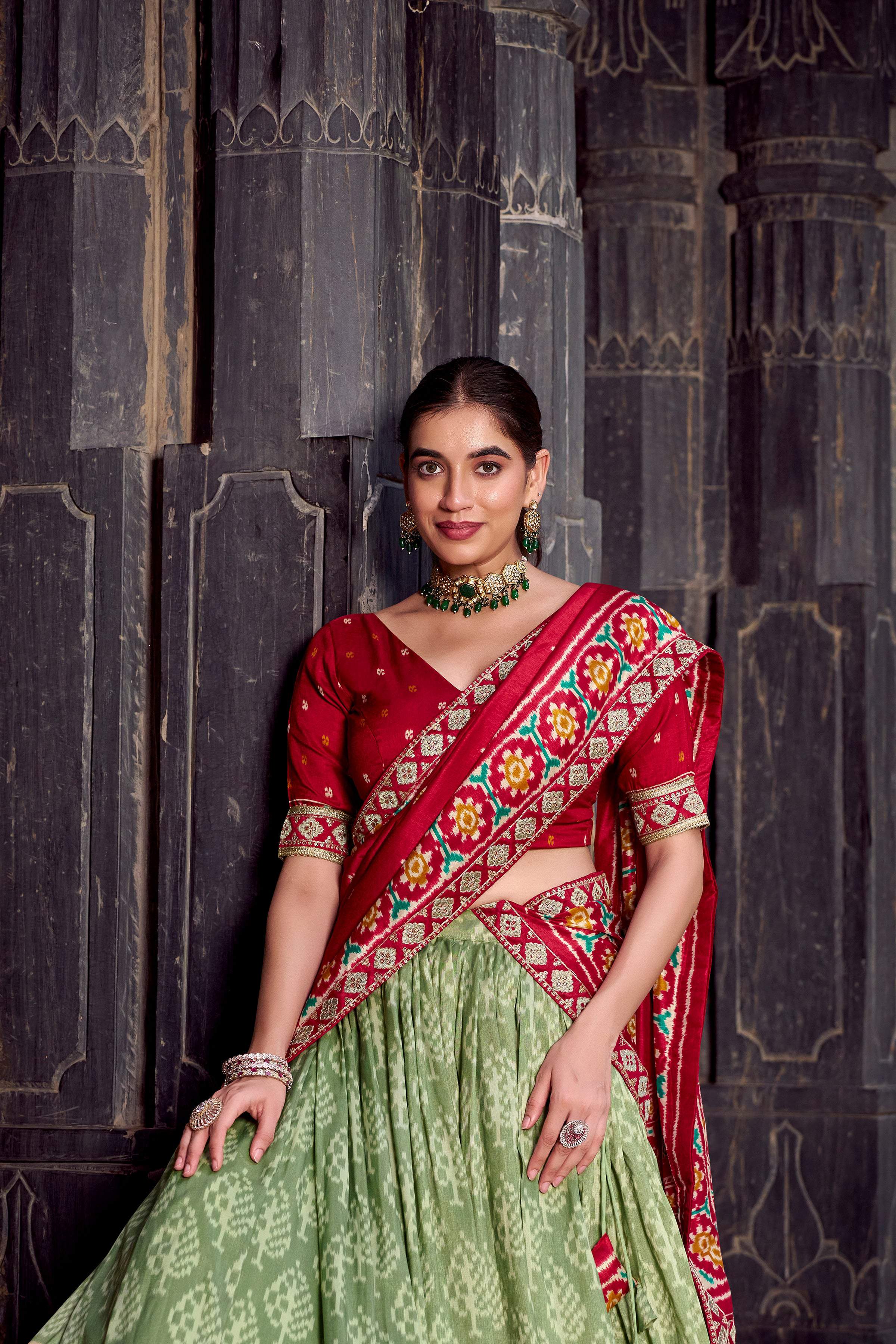 Lorenvalley Fashion Seagreen Tasar Silk Ikkat Print Lehenga Choli with Dupatta