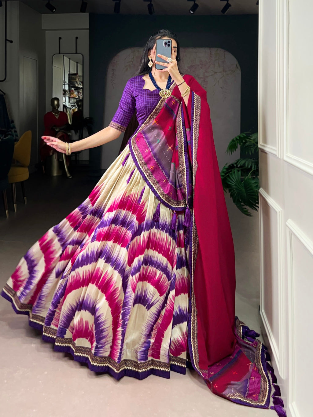 Lorenvalley Fashion Multicolor Tasar Silk Tie and Dye Print with Lace Touch Up Lehenga Choli with Dupatta - Distacart