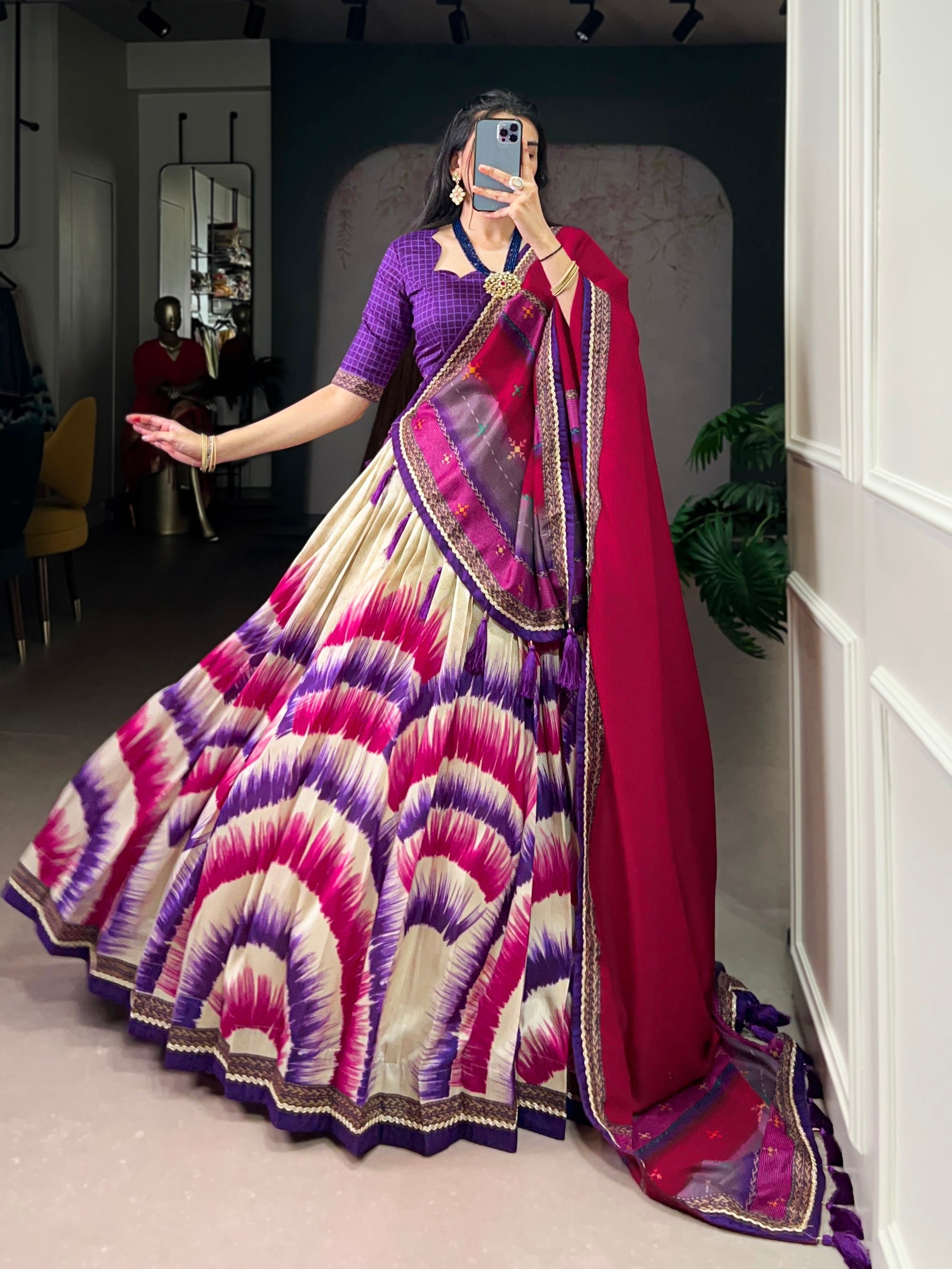 Lorenvalley Fashion Multicolor Tasar Silk Tie and Dye Print with Lace Touch Up Lehenga Choli with Dupatta - Distacart