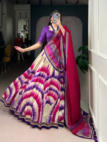 Lorenvalley Fashion Multicolor Tasar Silk Tie and Dye Print with Lace Touch Up Lehenga Choli with Dupatta