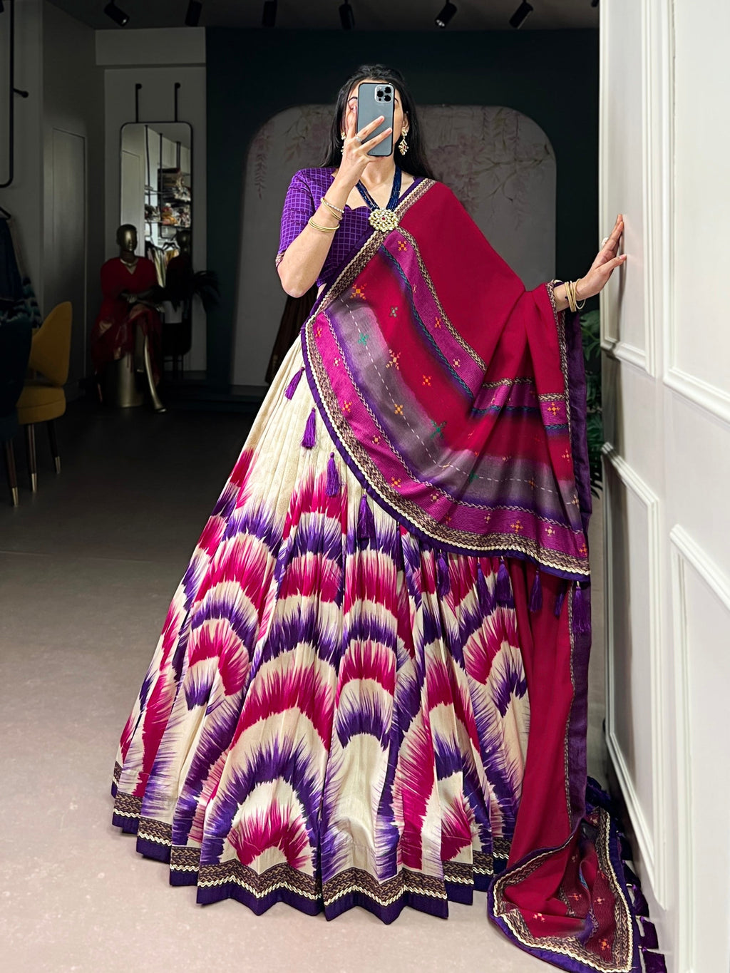 Lorenvalley Fashion Multicolor Tasar Silk Tie and Dye Print with Lace Touch Up Lehenga Choli with Dupatta - Distacart