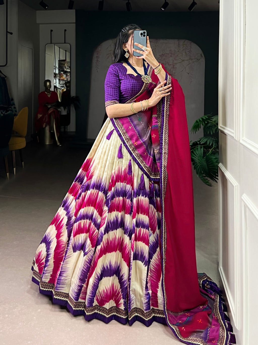 Lorenvalley Fashion Multicolor Tasar Silk Tie and Dye Print with Lace Touch Up Lehenga Choli with Dupatta - Distacart
