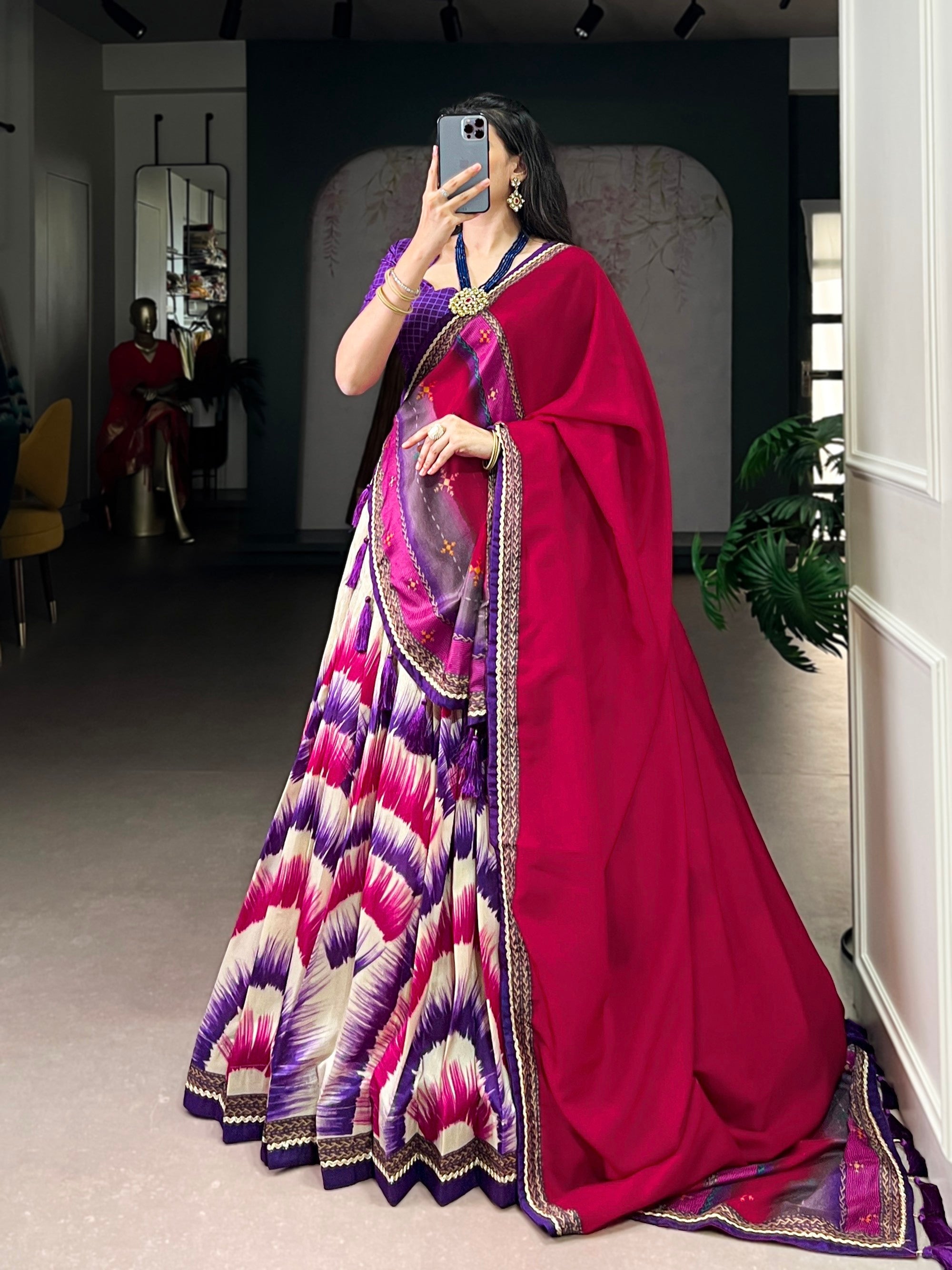 Lorenvalley Fashion Multicolor Tasar Silk Tie and Dye Print with Lace Touch Up Lehenga Choli with Dupatta - Distacart