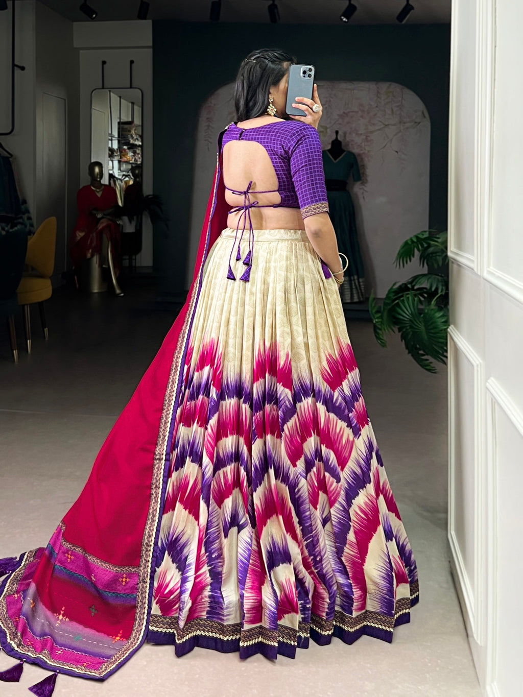 Lorenvalley Fashion Multicolor Tasar Silk Tie and Dye Print with Lace Touch Up Lehenga Choli with Dupatta - Distacart
