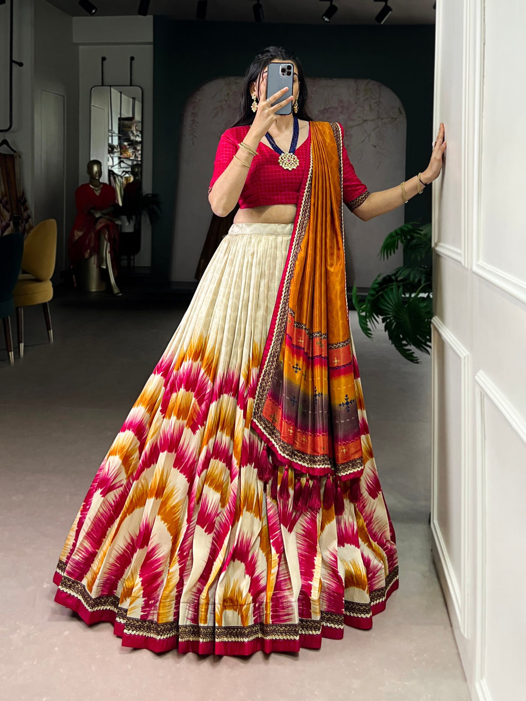 Lorenvalley Fashion Multicolor Tasar Silk Tie and Dye Print with Lace Touch Up Lehenga Choli with Dupatta - Distacart