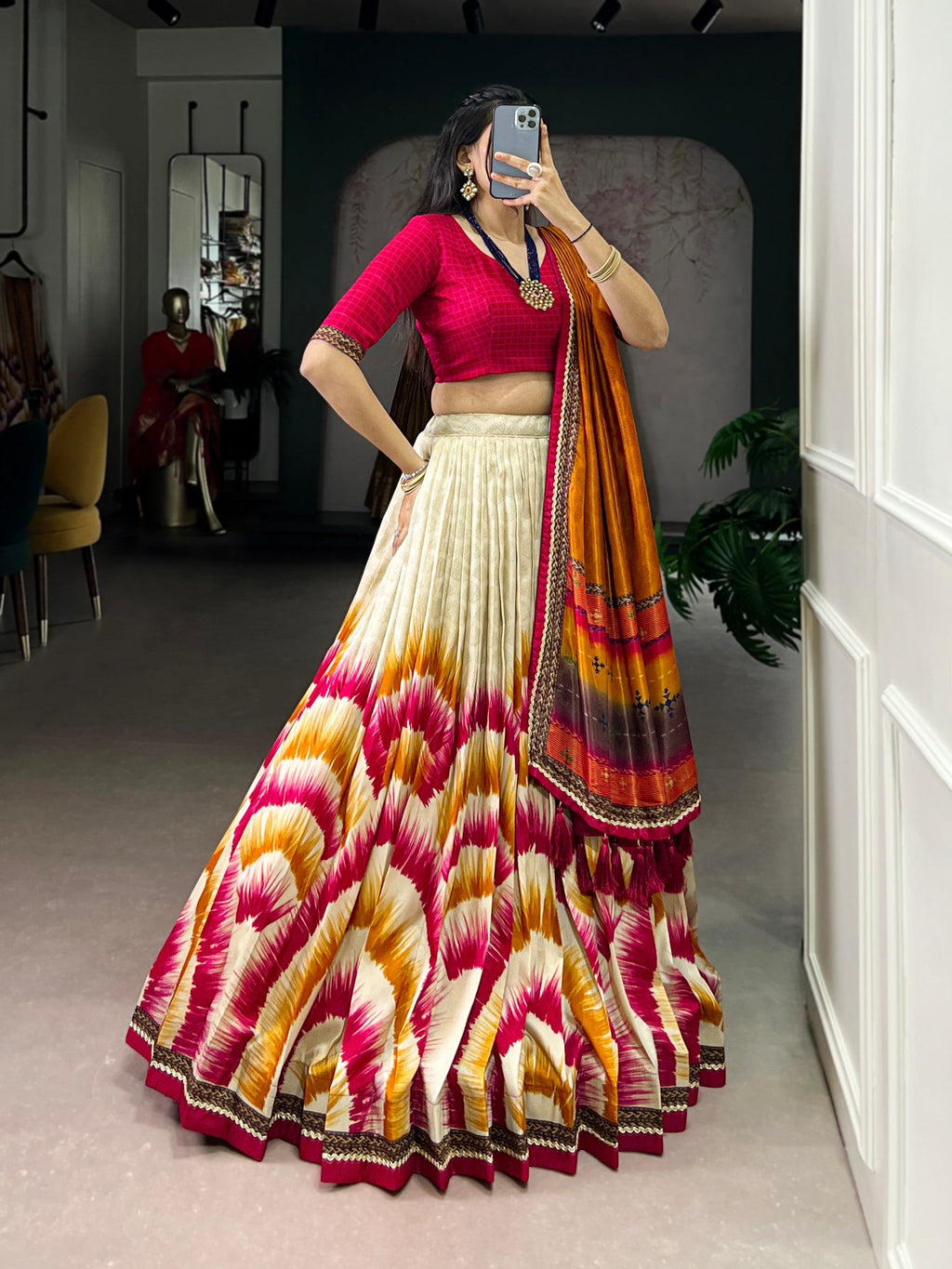 Lorenvalley Fashion Multicolor Tasar Silk Tie and Dye Print with Lace Touch Up Lehenga Choli with Dupatta - Distacart