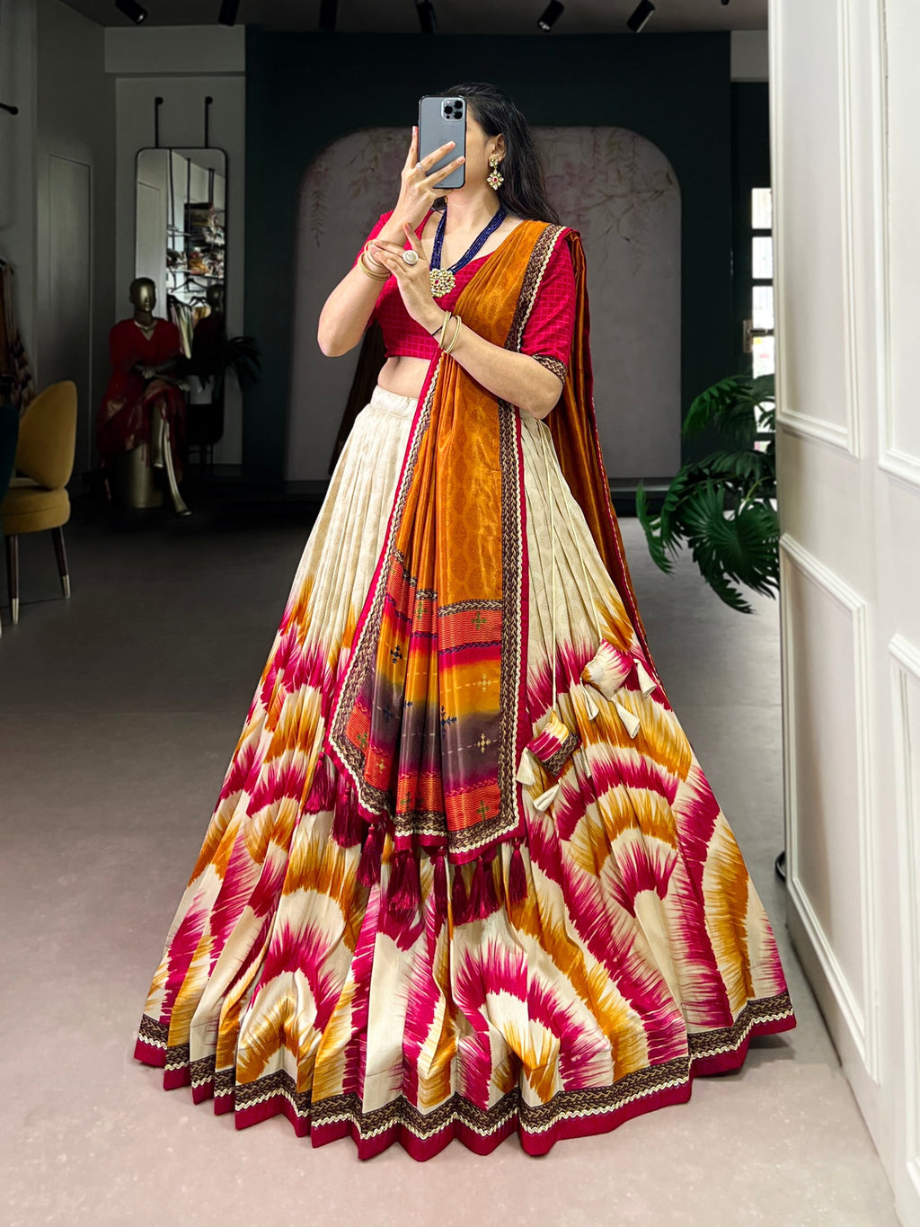 Lorenvalley Fashion Multicolor Tasar Silk Tie and Dye Print with Lace Touch Up Lehenga Choli with Dupatta - Distacart