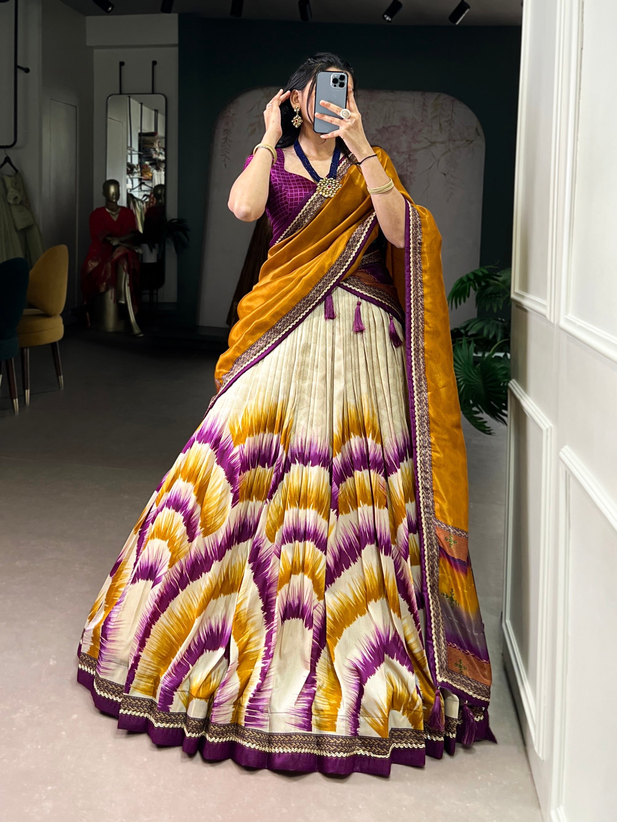 Lorenvalley Fashion Multicolor Tasar Silk Tie and Dye Print with Lace Touch Up Lehenga Choli with Dupatta - Distacart