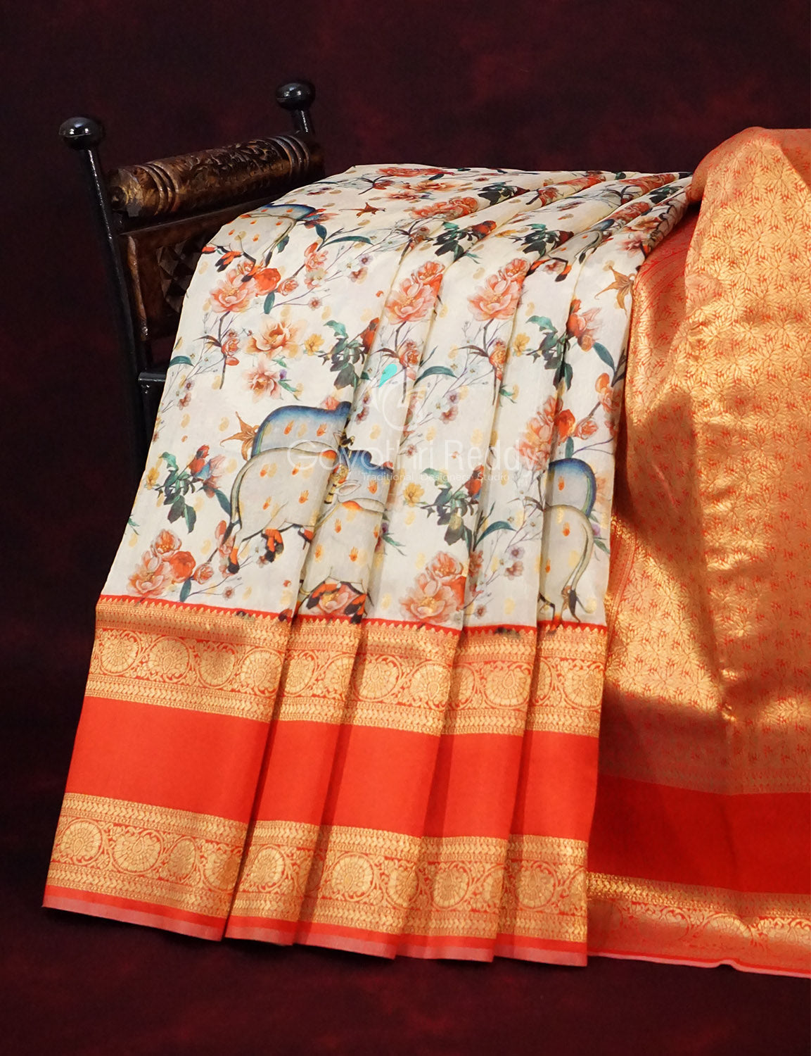 Off White Banaras Border Pichwai Design Banarasi Semi Silk Saree By Gayathri Reddy Designer Studio