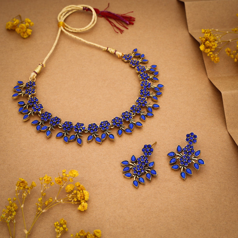 Tehzeeb Creations Royal Blue Pack of 1 Gold-Polished Choker Necklace Set With Earring For Women & Girls