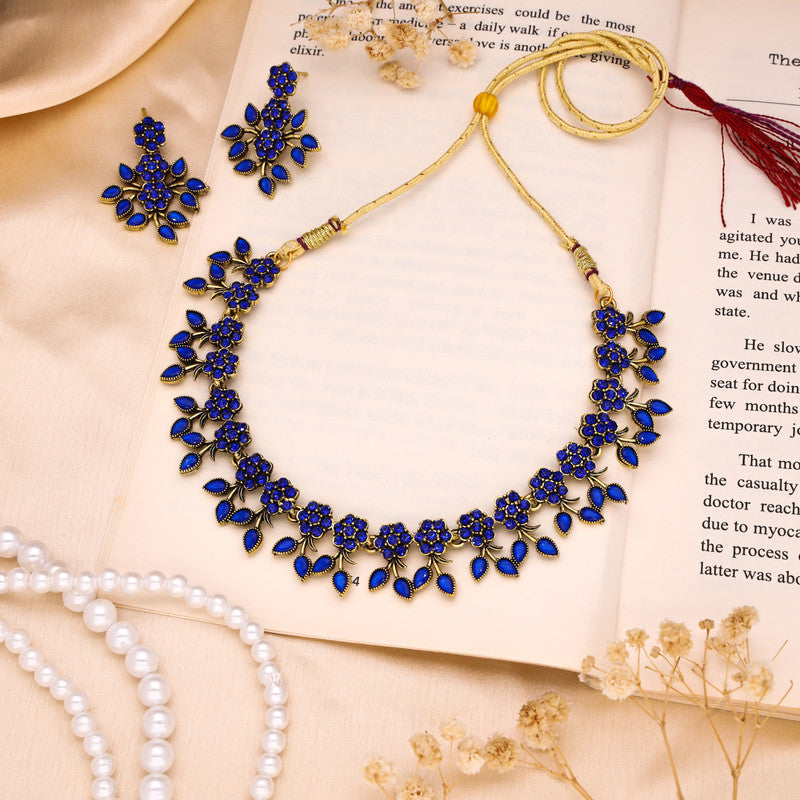 Tehzeeb Creations Royal Blue Pack of 1 Gold-Polished Choker Necklace Set With Earring For Women & Girls